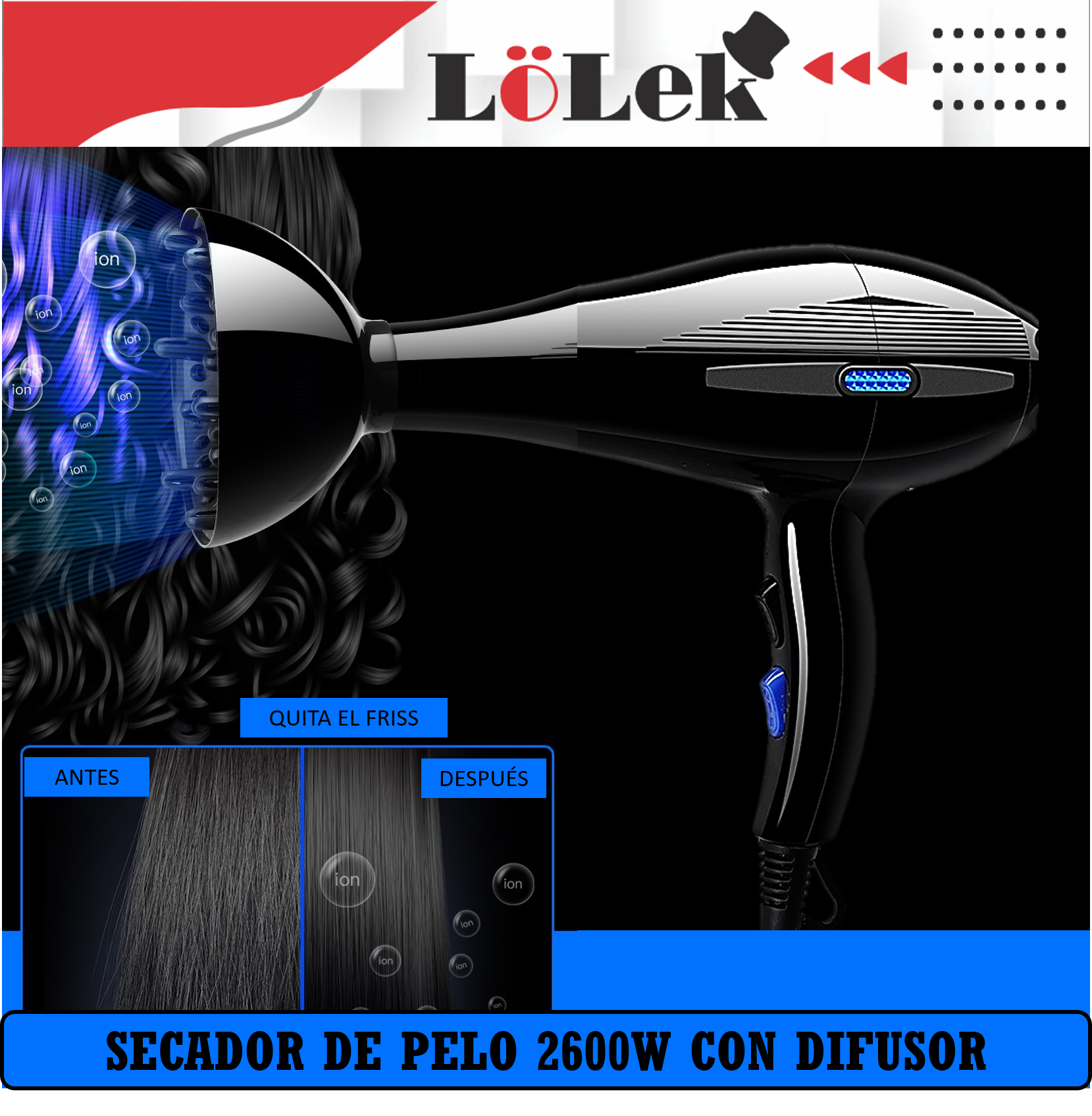 Secador de pelo negro con difusor, comparación de cabello 'Antes' y 'Después', fondo negro. La marca es 'LöLek'.