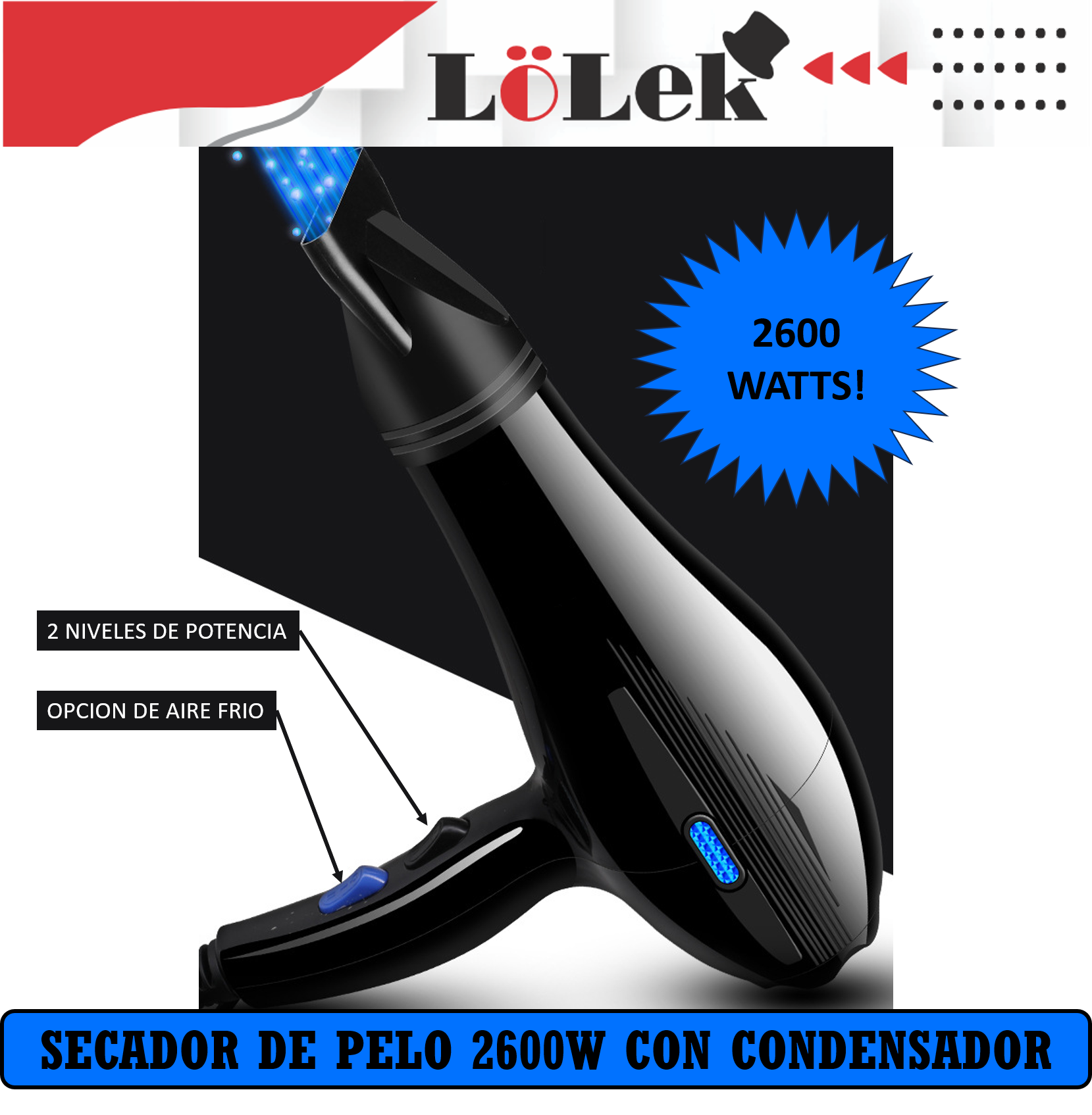 Un secador de pelo negro con detalles azules. Tiene 2600 Watts y opción de aire frío.