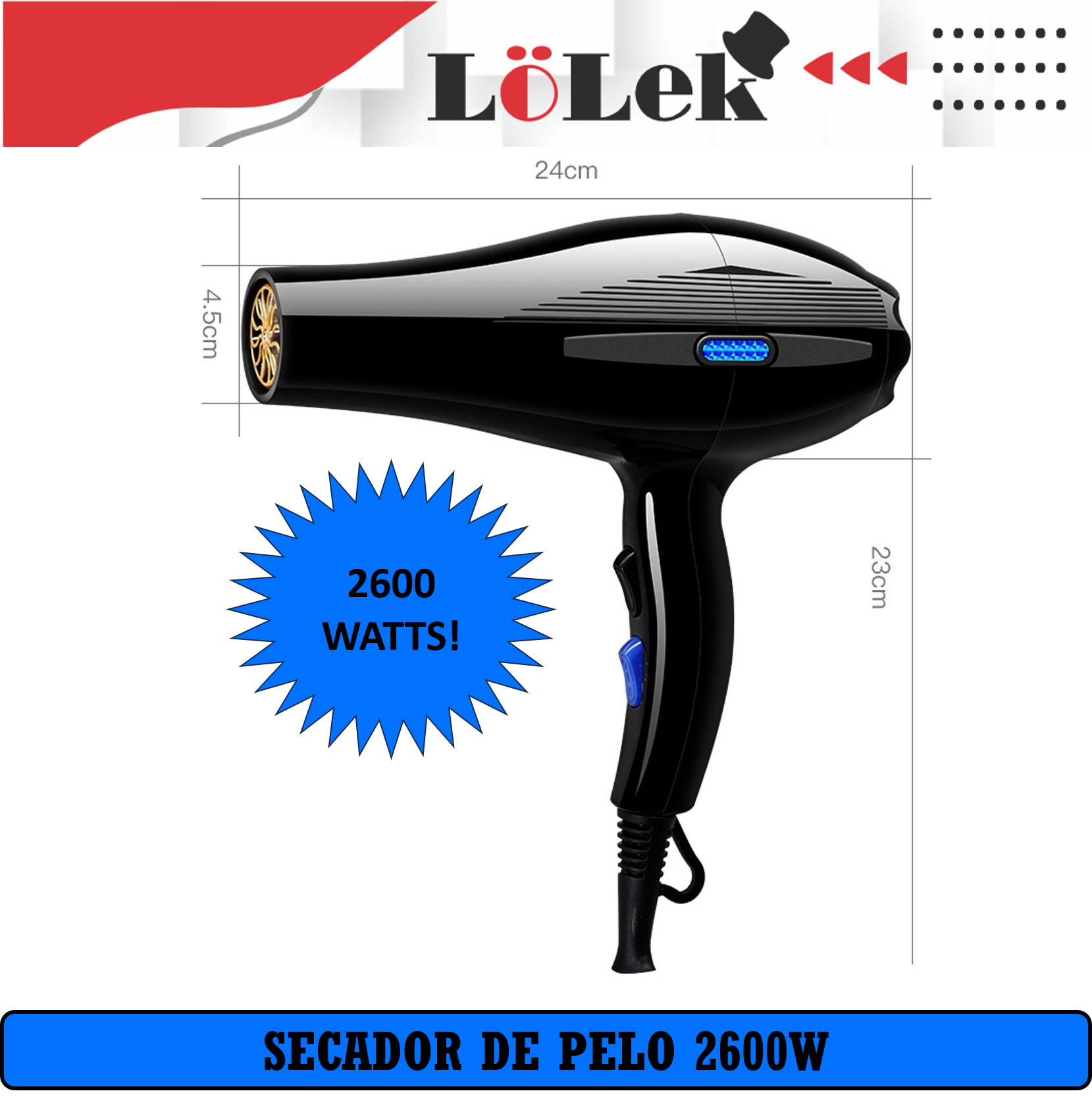 Un secador de pelo negro con botón azul, estrella azul con 2600 WATTS! Texto: SECADOR DE PELO 2600W.