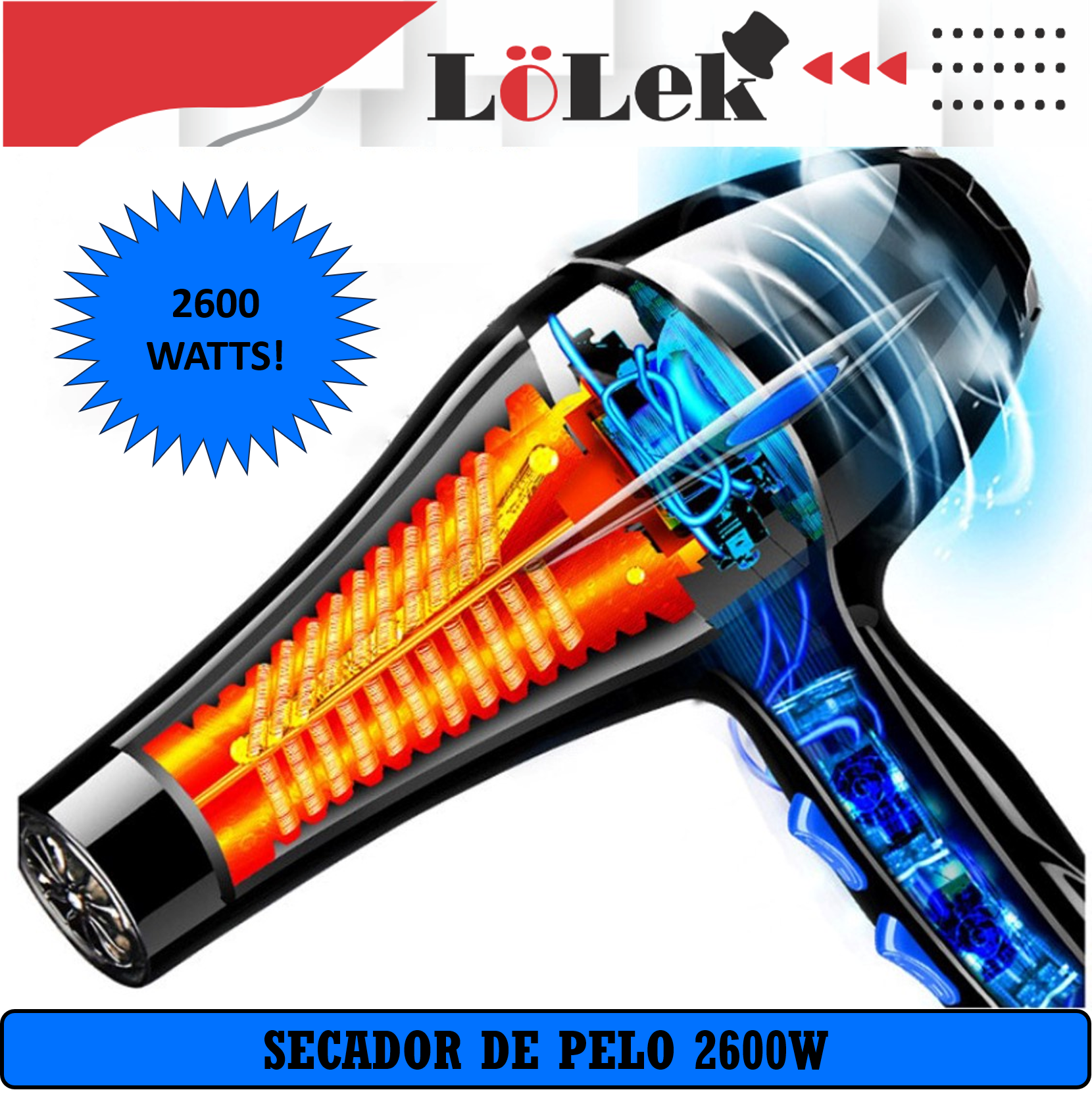 Secador de pelo con 2600W. Muestra componentes internos y flujo de aire. Colores azul y naranja. Logo de la marca arriba.