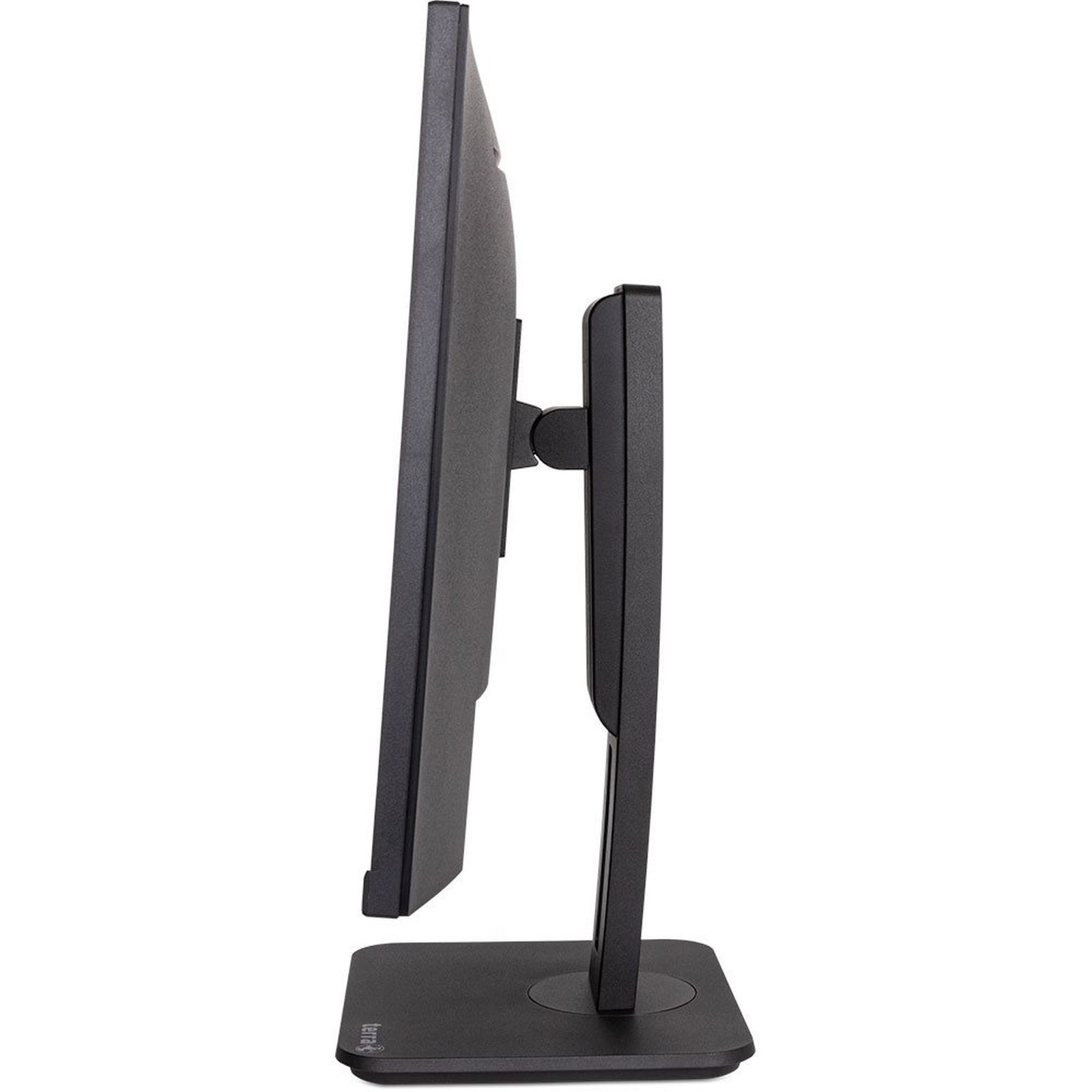 Vista laterale di un monitor del computer nero. È su un supporto e lo schermo è rivolto a sinistra. Lo sfondo è bianco.