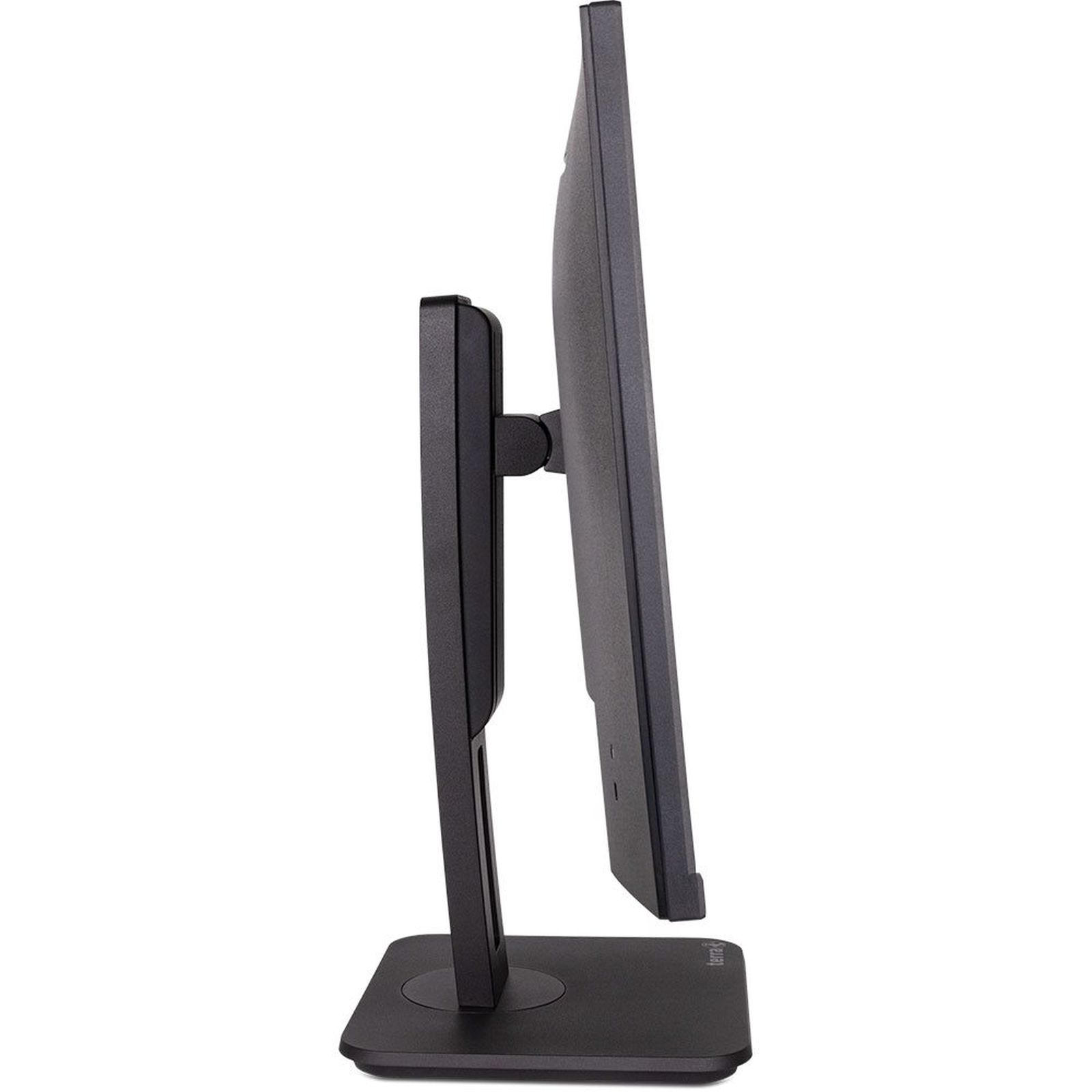 Vista laterale di un monitor nero. Lo schermo è scuro, il supporto è robusto.