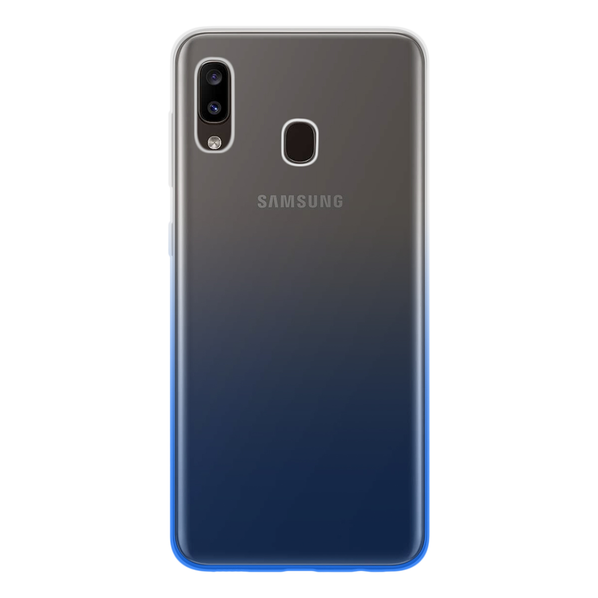 Un telefono Samsung in una custodia sfumata blu. La custodia ha una cornice trasparente e sono visibili fotocamera, sensore e logo Samsung.