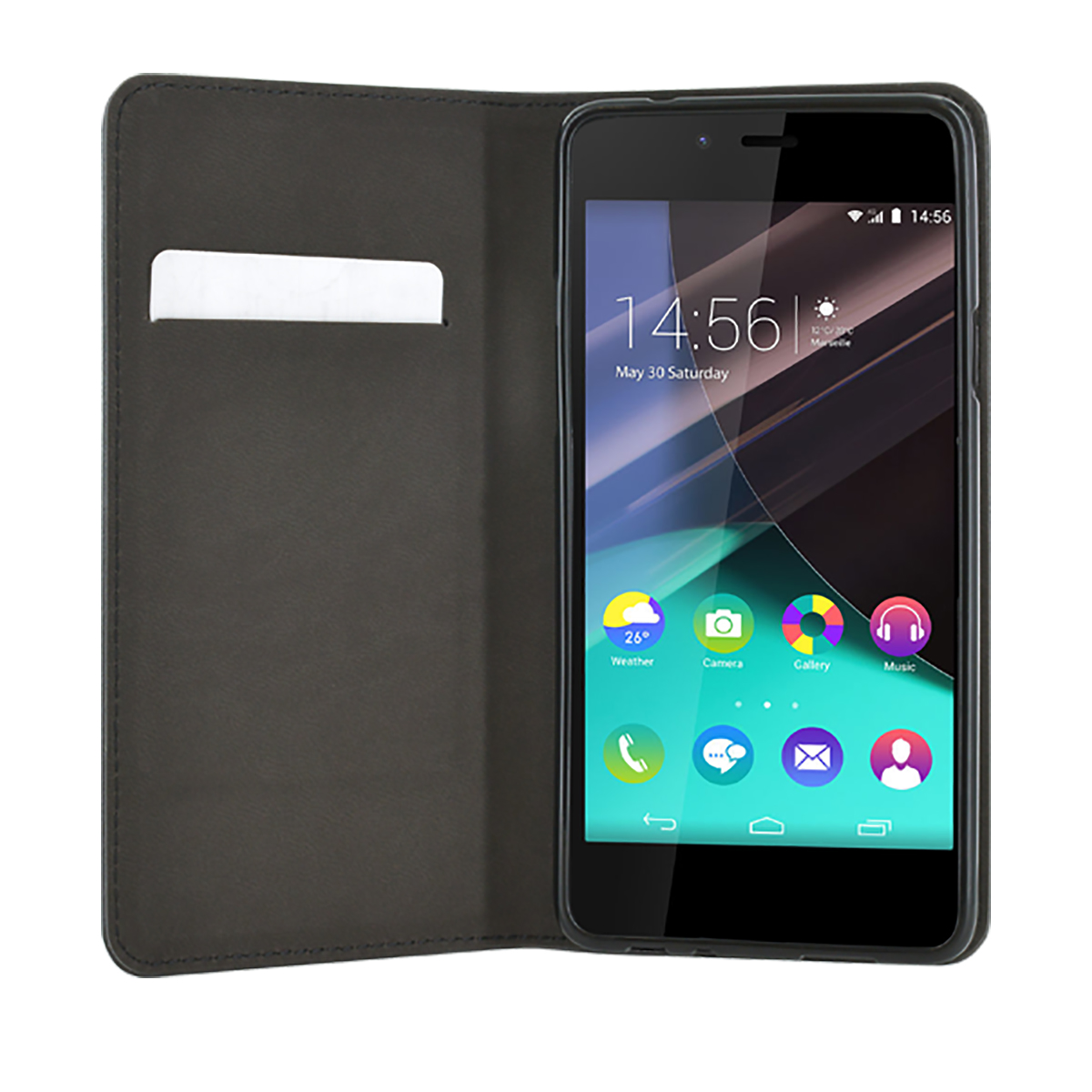 Smartphone in una custodia nera, schermo che mostra l'ora e le icone delle app. La custodia ha uno slot per schede. Sfondo bianco.