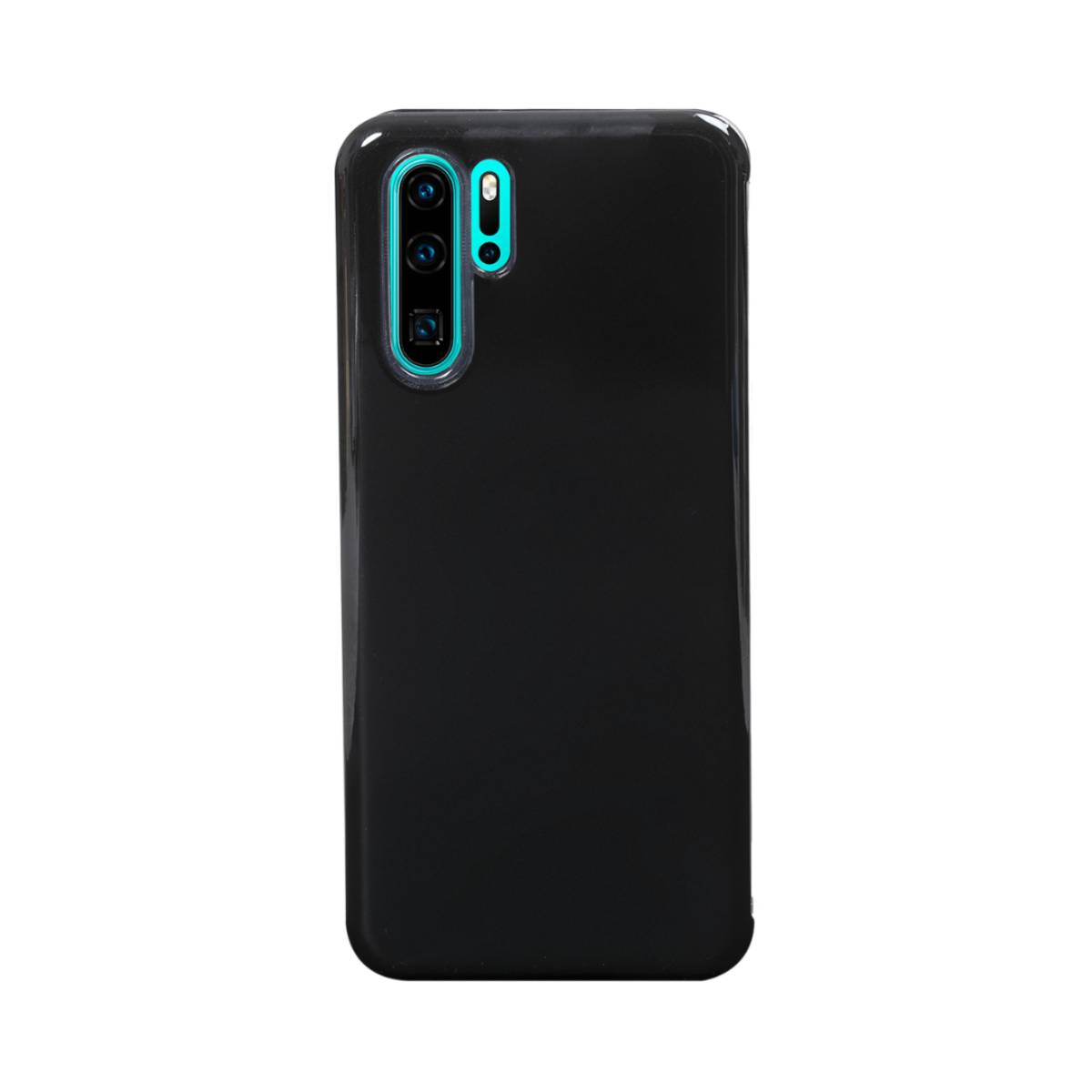 Un telefono nero in una custodia, con tre obiettivi e un flash. La custodia è trasparente e copre la parte posteriore del telefono.