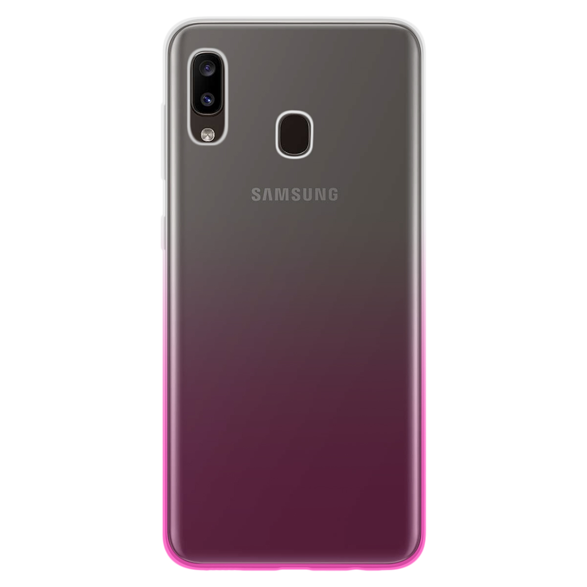 Una custodia per telefono con una sfumatura da grigio scuro a magenta. La custodia ha una cornice trasparente e il logo Samsung è visibile.