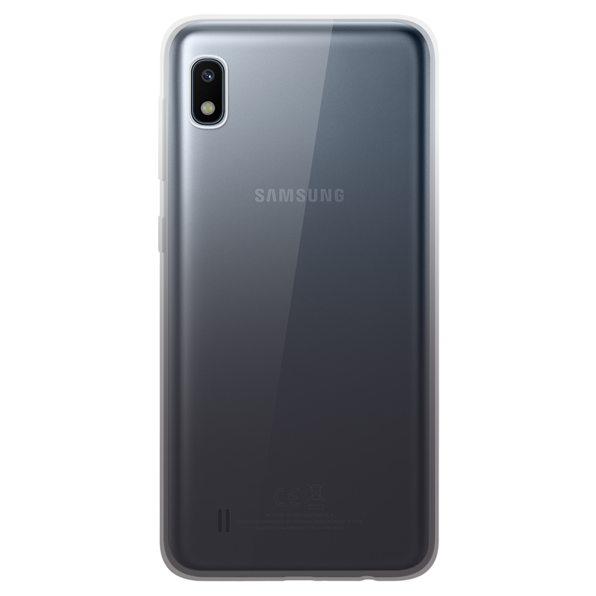 Il retro di un telefono Samsung. Ha una fotocamera, il logo Samsung e altri dettagli. Il telefono è in una custodia trasparente.