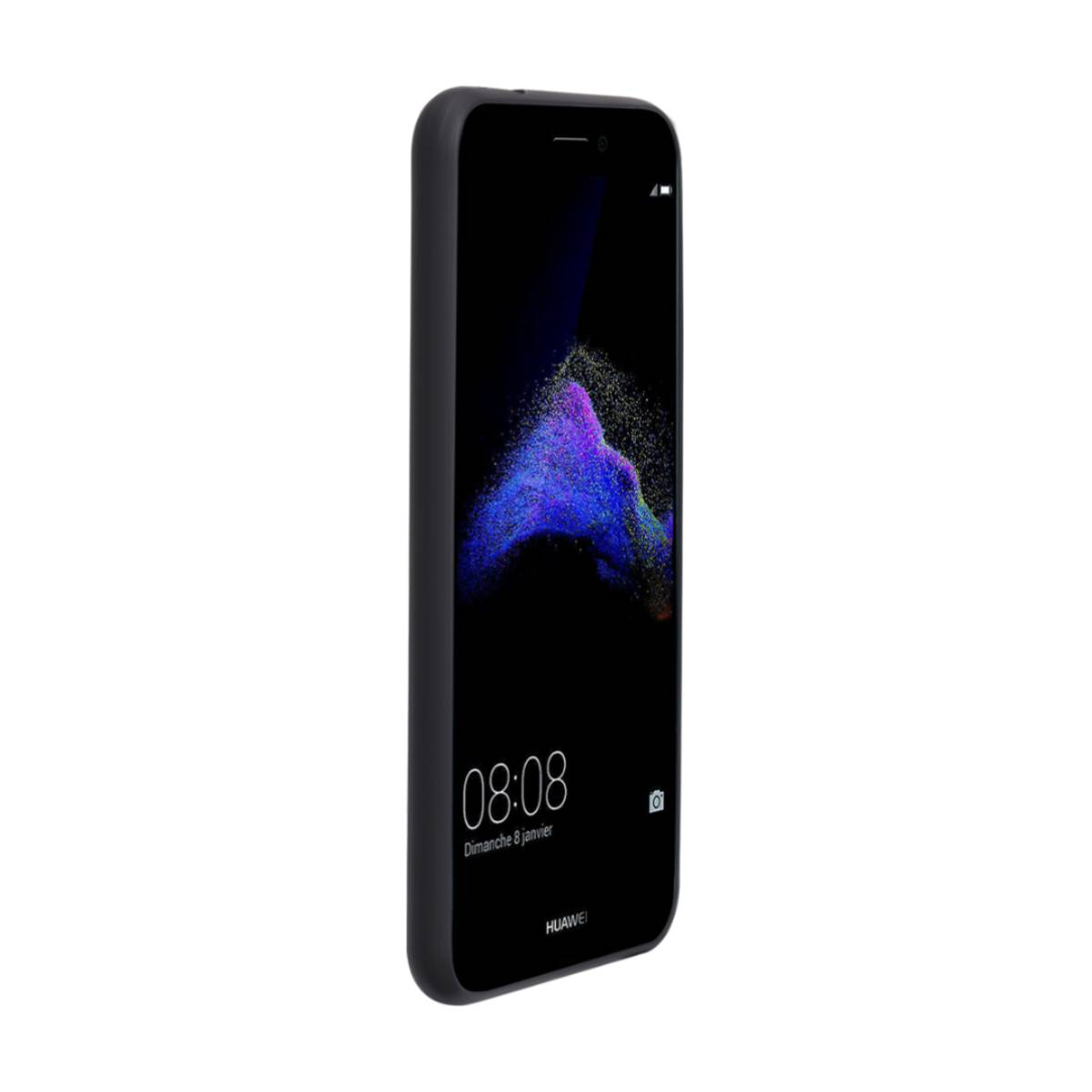 Uno smartphone Huawei nero, leggermente angolato. Lo schermo mostra un'immagine astratta colorata e l'ora 08:08. La data è domenica 8 gennaio.