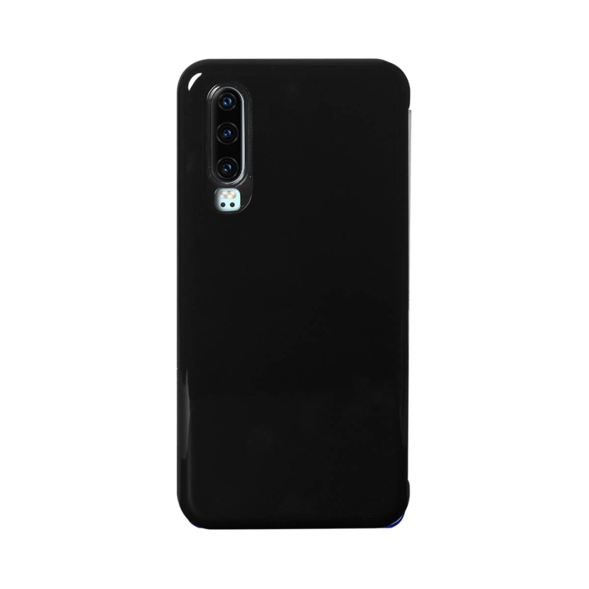 Una custodia nera per telefono con modulo fotocamera. La custodia è liscia e lucida. Il modulo fotocamera ha tre lenti e un flash.