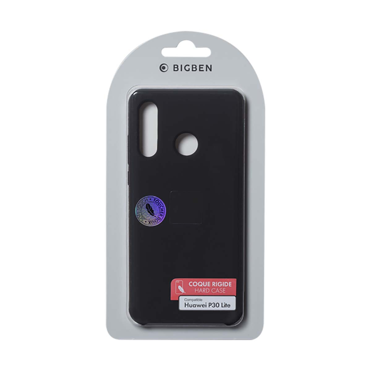 Una custodia nera per Huawei P30 Lite, in un blister grigio e bianco, con il logo 'BIGBEN' in alto.