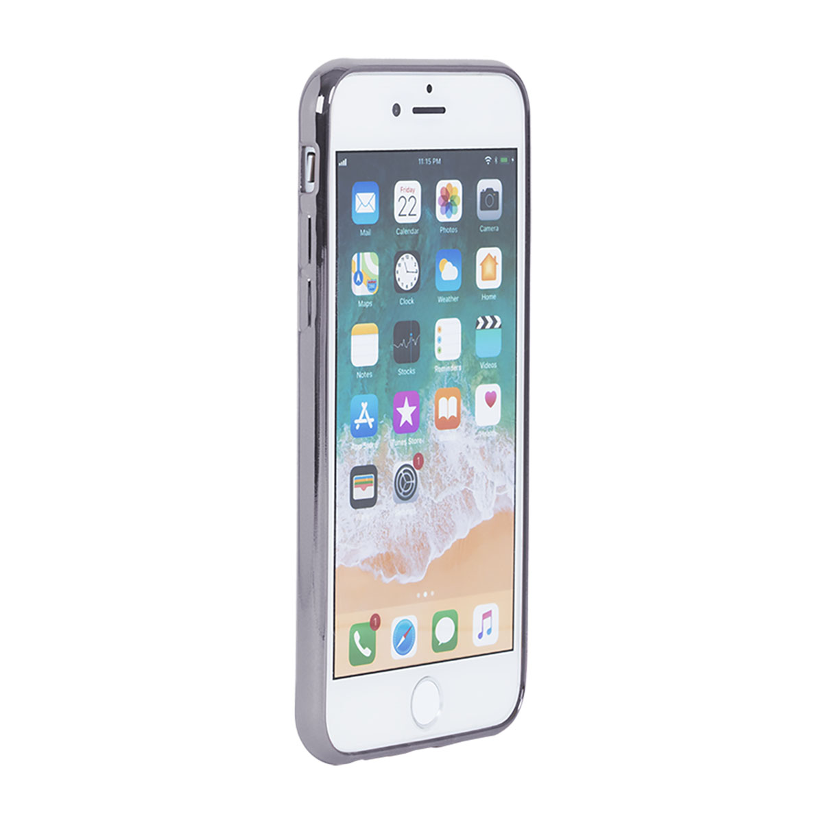 Un iPhone bianco con app visualizzate sullo schermo è in una custodia argentata. Il telefono è su sfondo bianco.