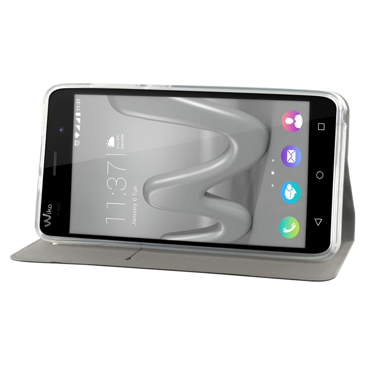 Uno smartphone Wiko in una custodia grigia mostra l'ora e le icone delle app. Lo schermo mostra le 11:37. La custodia è aperta.