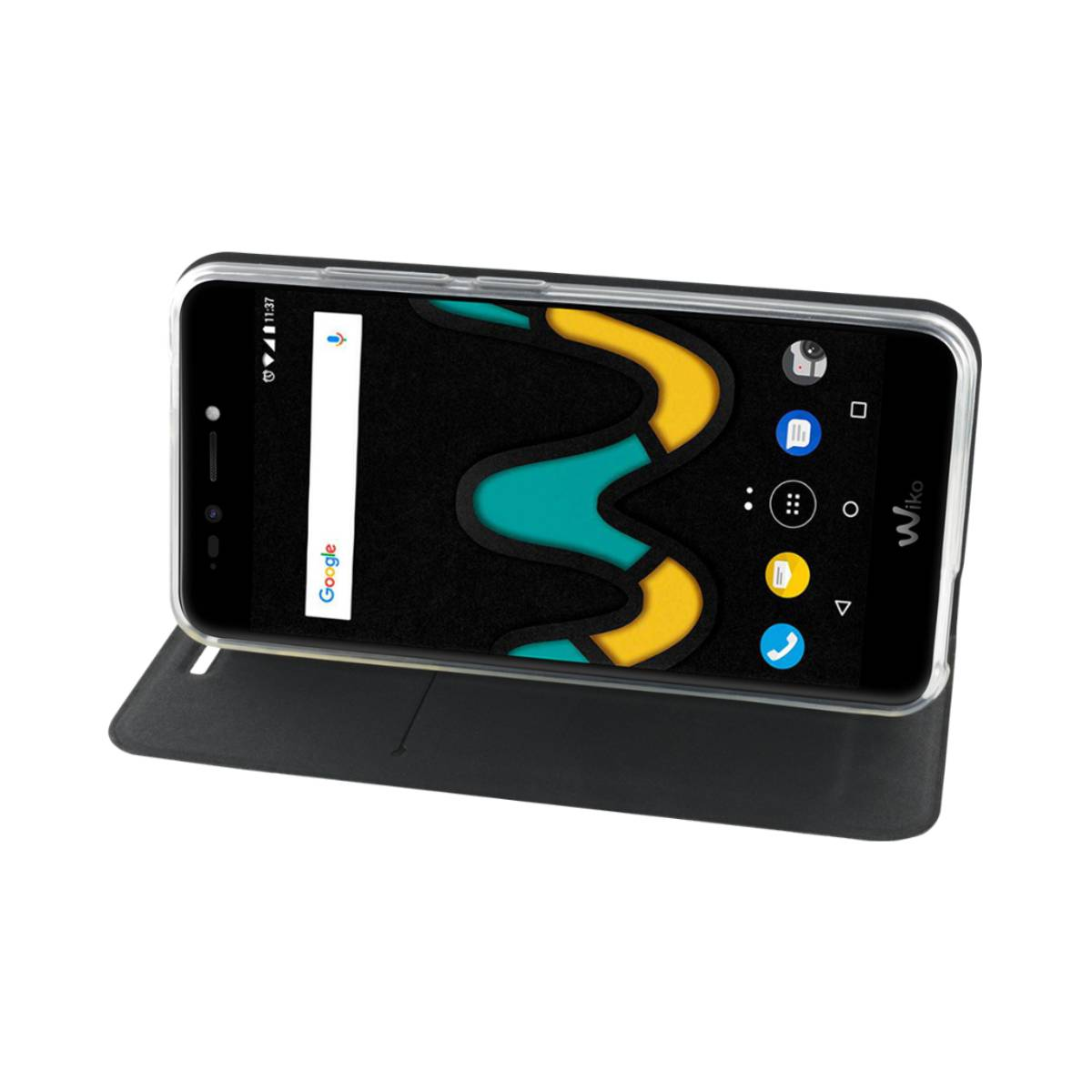 Uno smartphone Wiko in una custodia nera, che mostra la schermata iniziale con la barra di ricerca di Google e un logo colorato.