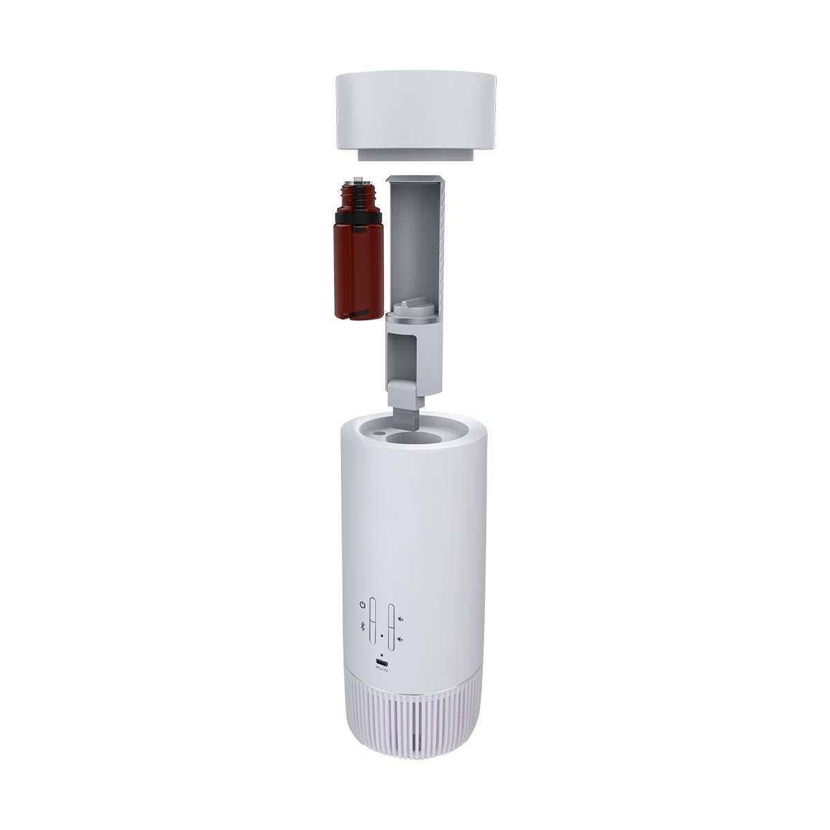 Diffusore di oli essenziali bianco scomposto con bottiglia marrone. Componenti: base, camera centrale e parte superiore.