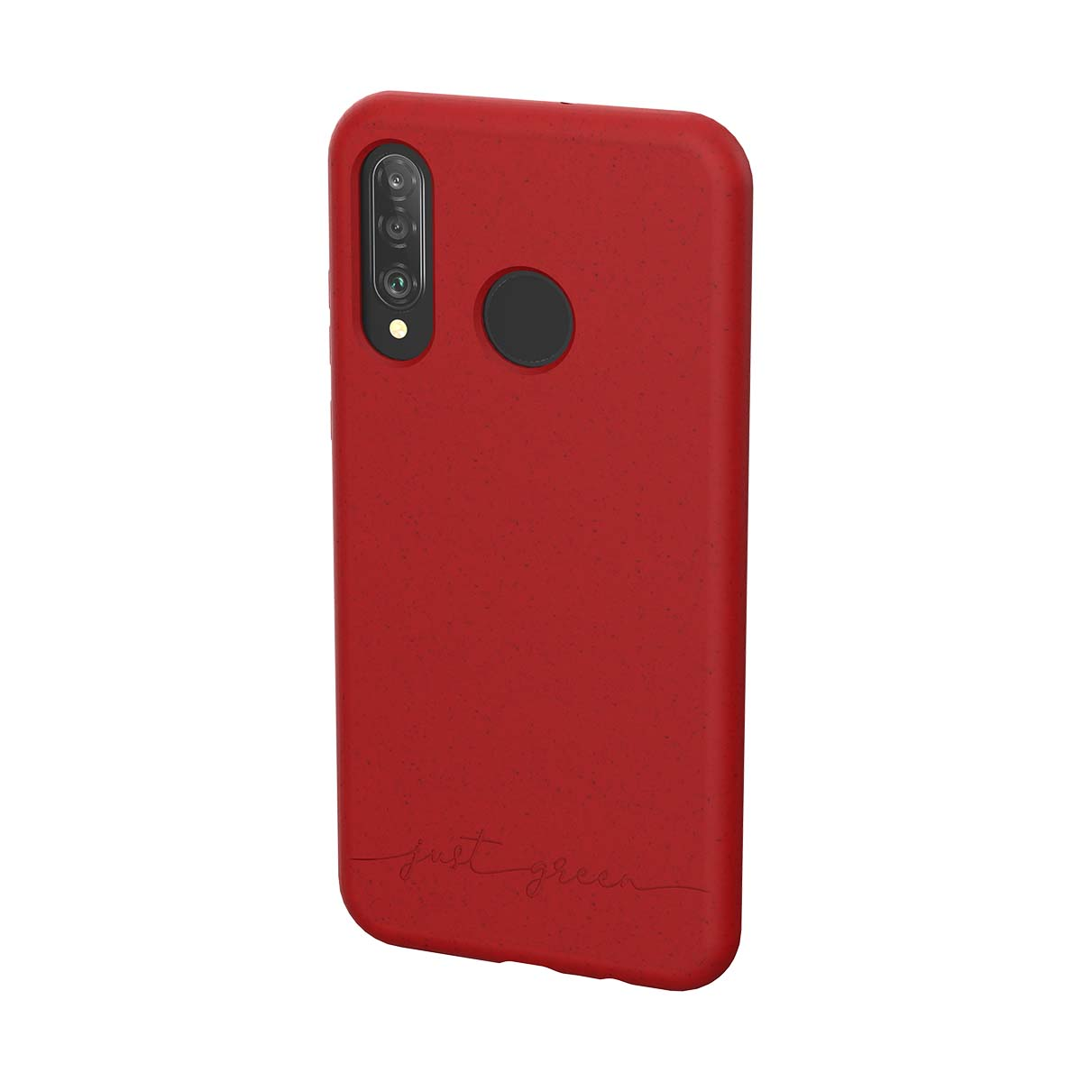 Una custodia rossa per telefono con modulo fotocamera. Ha un cerchio nero e la scritta 'just green'.