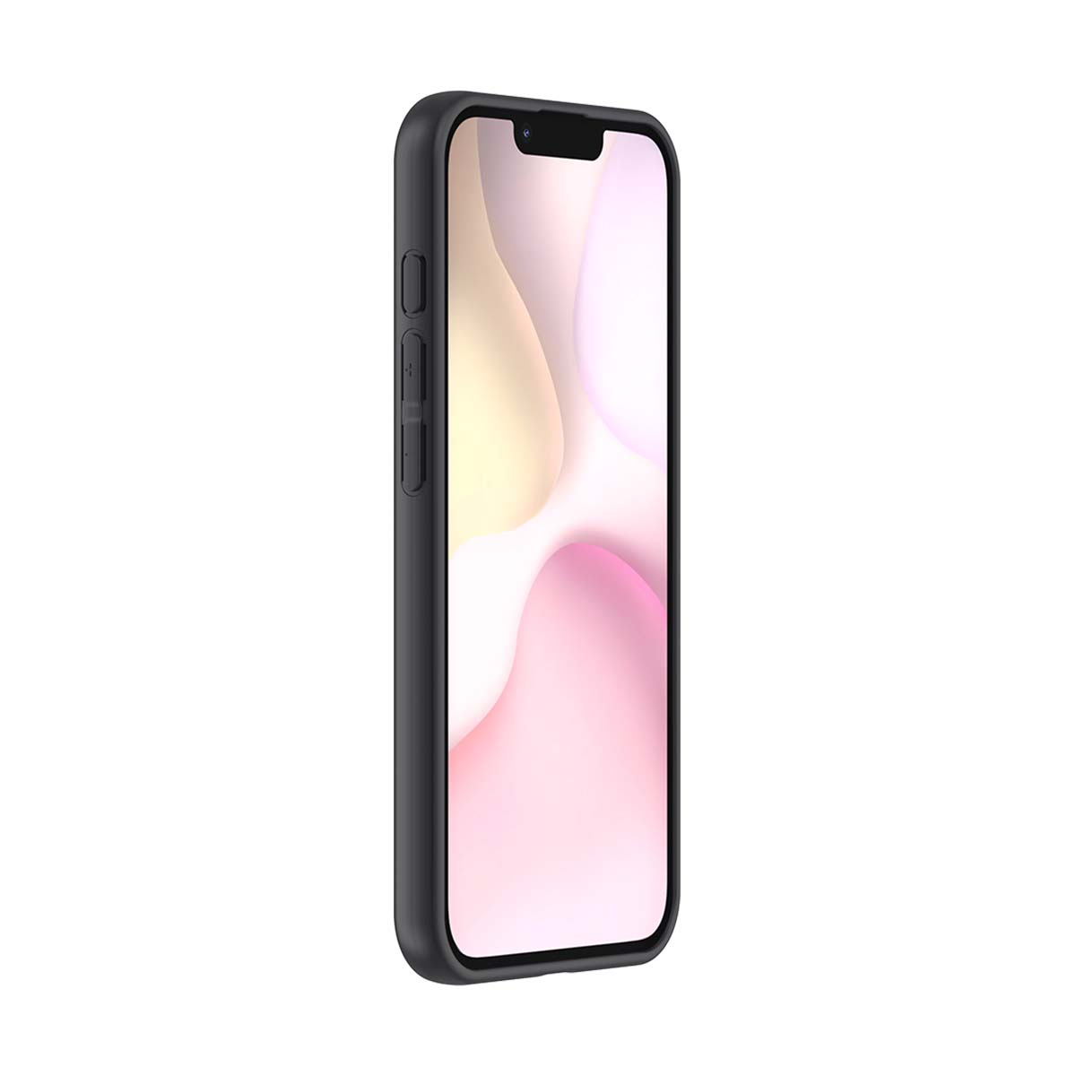 Un iPhone nero in una custodia nera, che mostra uno sfondo dai colori pastello. I pulsanti laterali del telefono sono visibili. Lo sfondo è bianco.