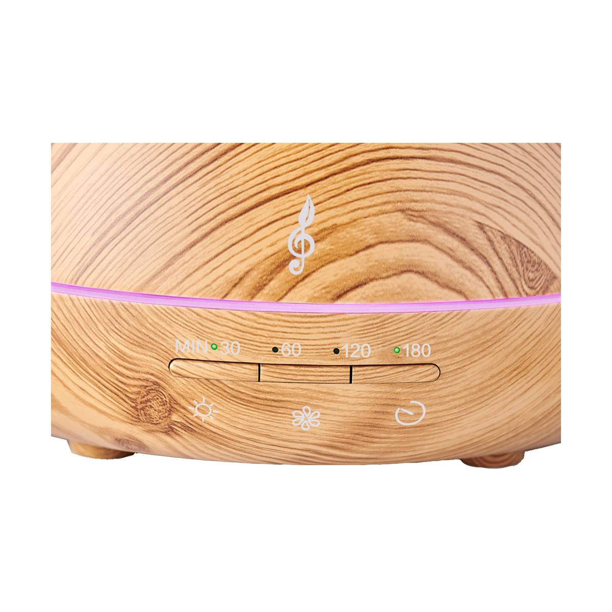 Un diffusore di aromaterapia in legno con luce. Ha impostazioni di tempo e simboli per la luce e l'alimentazione. C'è una nota musicale in alto.