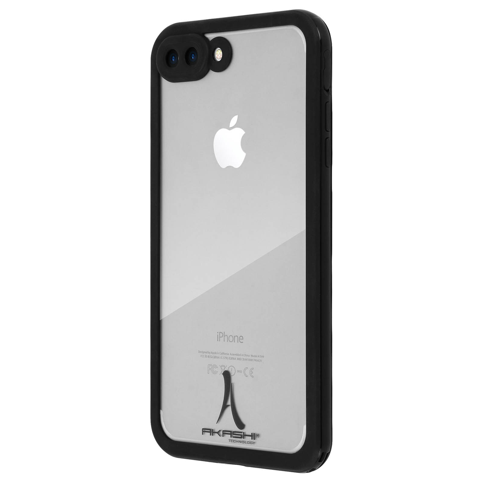 Un iPhone in una custodia nera. Il telefono è argento con il logo Apple bianco.
