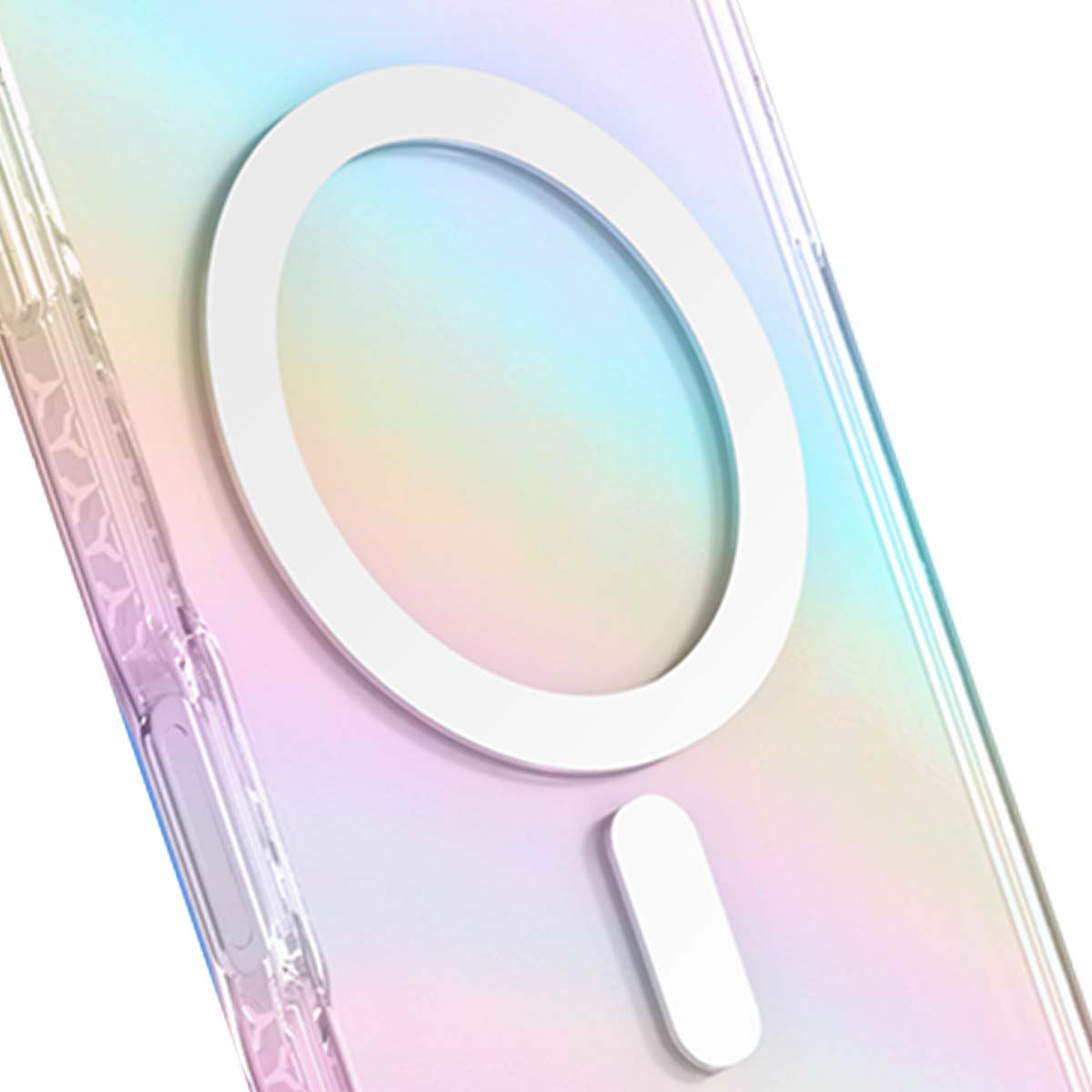 Una custodia trasparente per telefono con un anello bianco e una forma rettangolare bianca. Lo sfondo è un gradiente di colori pastello.
