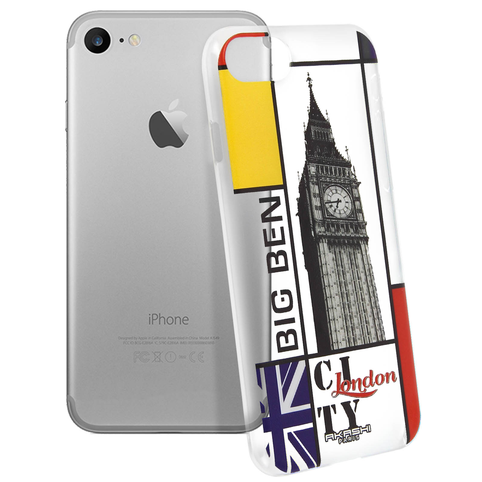 Un iPhone argentato con una custodia raffigurante il Big Ben, una striscia gialla, la bandiera Union Jack e la parola Londra.
