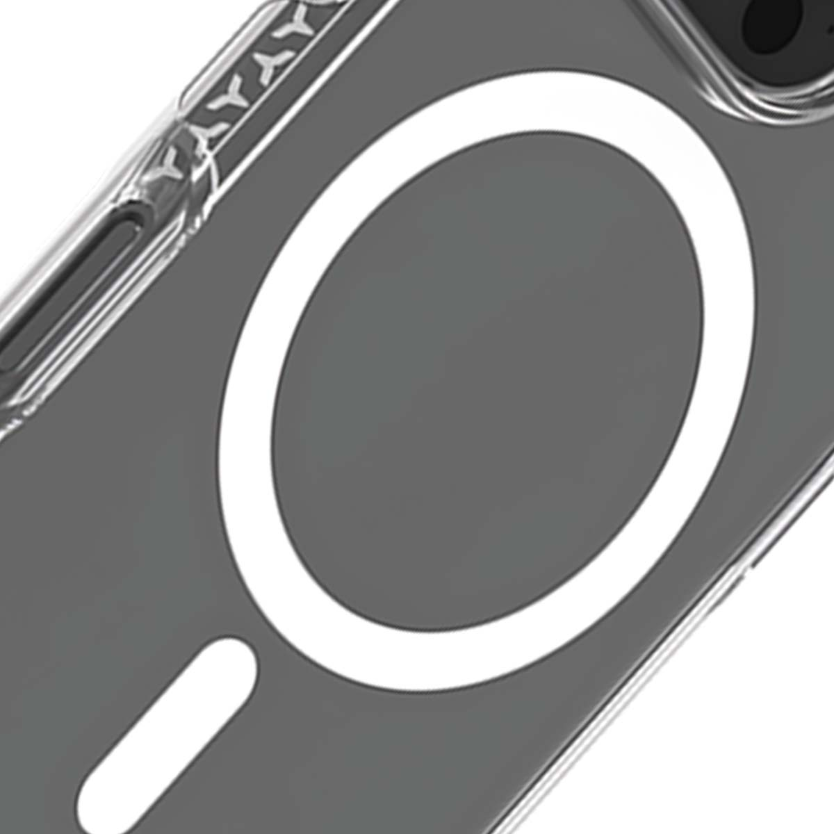 Primo piano di una custodia per telefono. La custodia è grigia con un cerchio bianco e un ovale allungato bianco. La parola 'YAYAY' è visibile.
