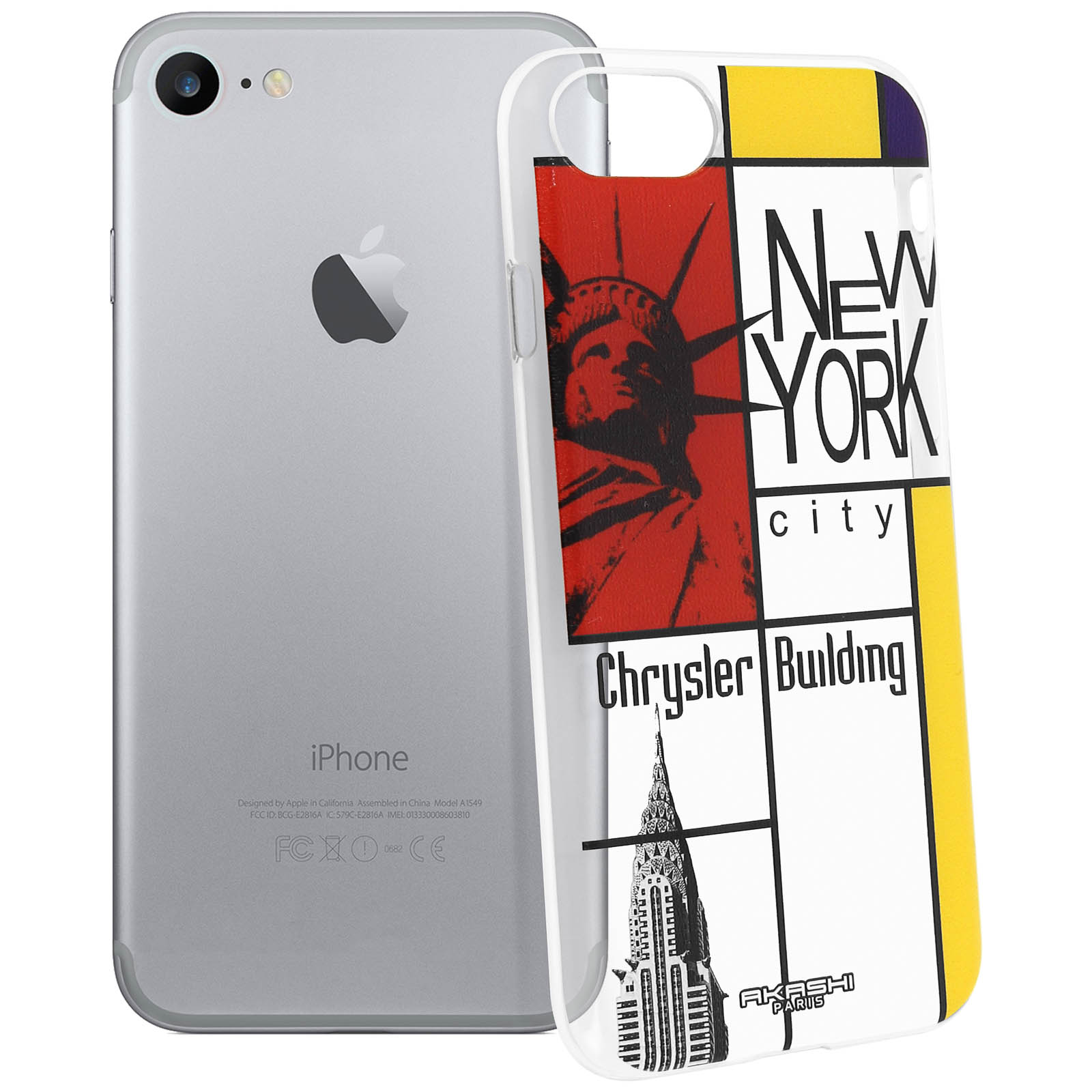 iPhone argentato con custodia a tema NYC. La custodia ha la Statua della Libertà, Chrysler Building e testo New York.
