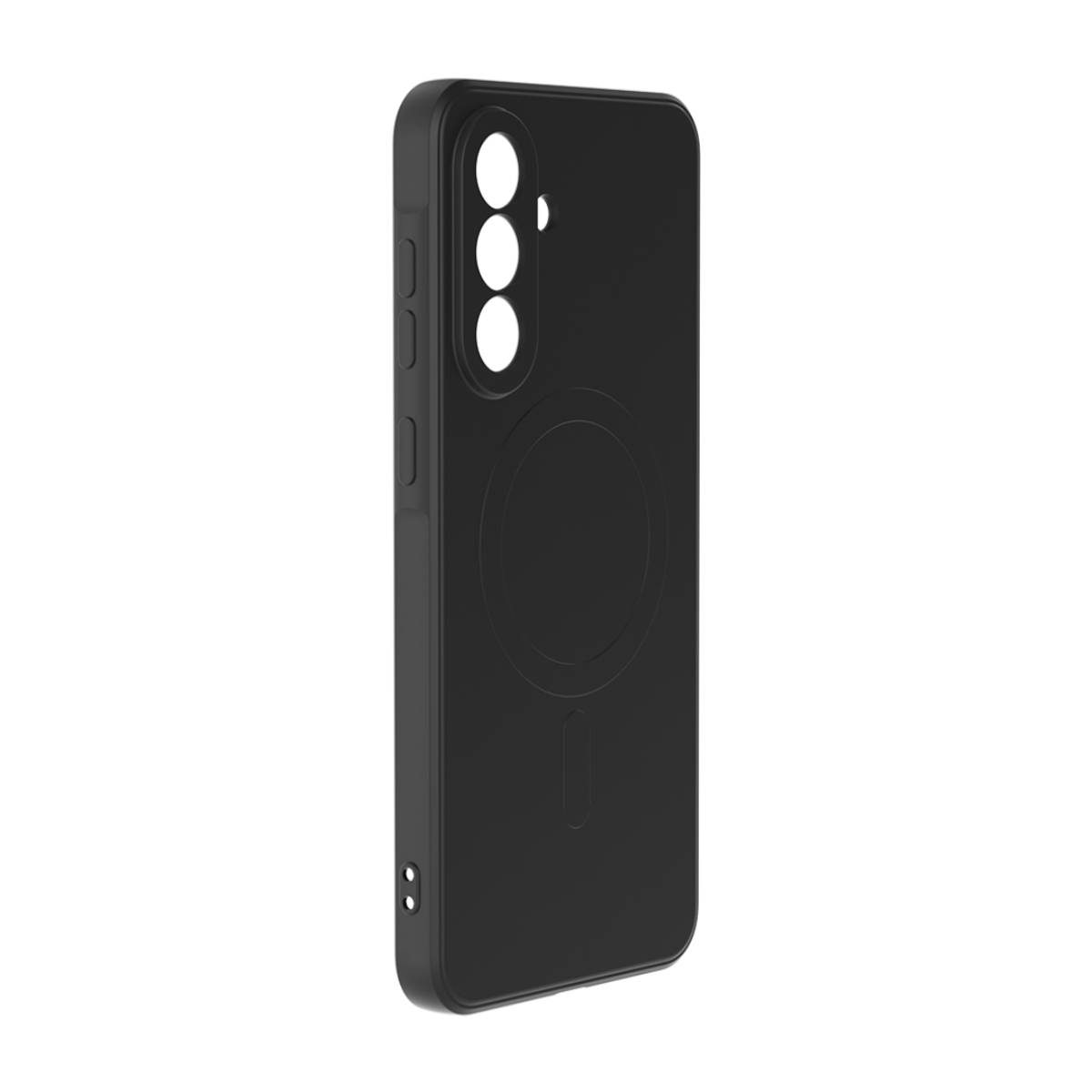 Una custodia nera per telefono. Ha tre ritagli per la fotocamera e un ritaglio circolare in basso. La custodia ha una finitura opaca.