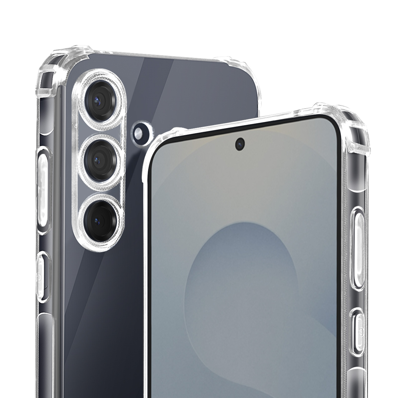Due smartphone con custodie trasparenti. Le lenti della fotocamera di un telefono sono visibili. Lo schermo dell'altro è visibile.