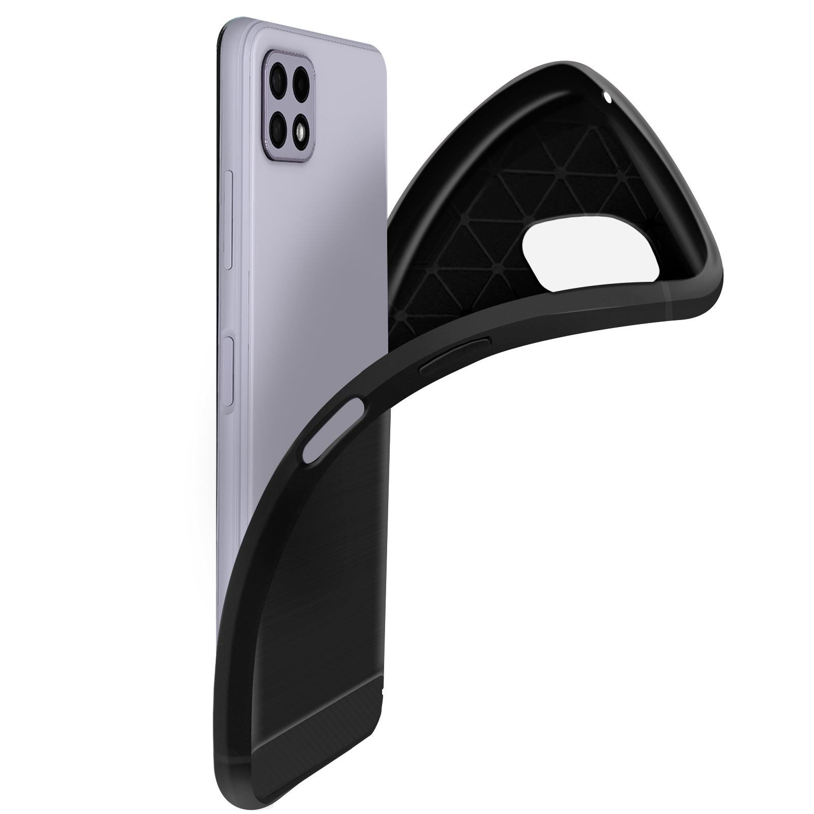 Uno smartphone viola chiaro è parzialmente coperto da una custodia nera. La custodia è aperta, mostrando l'interno.