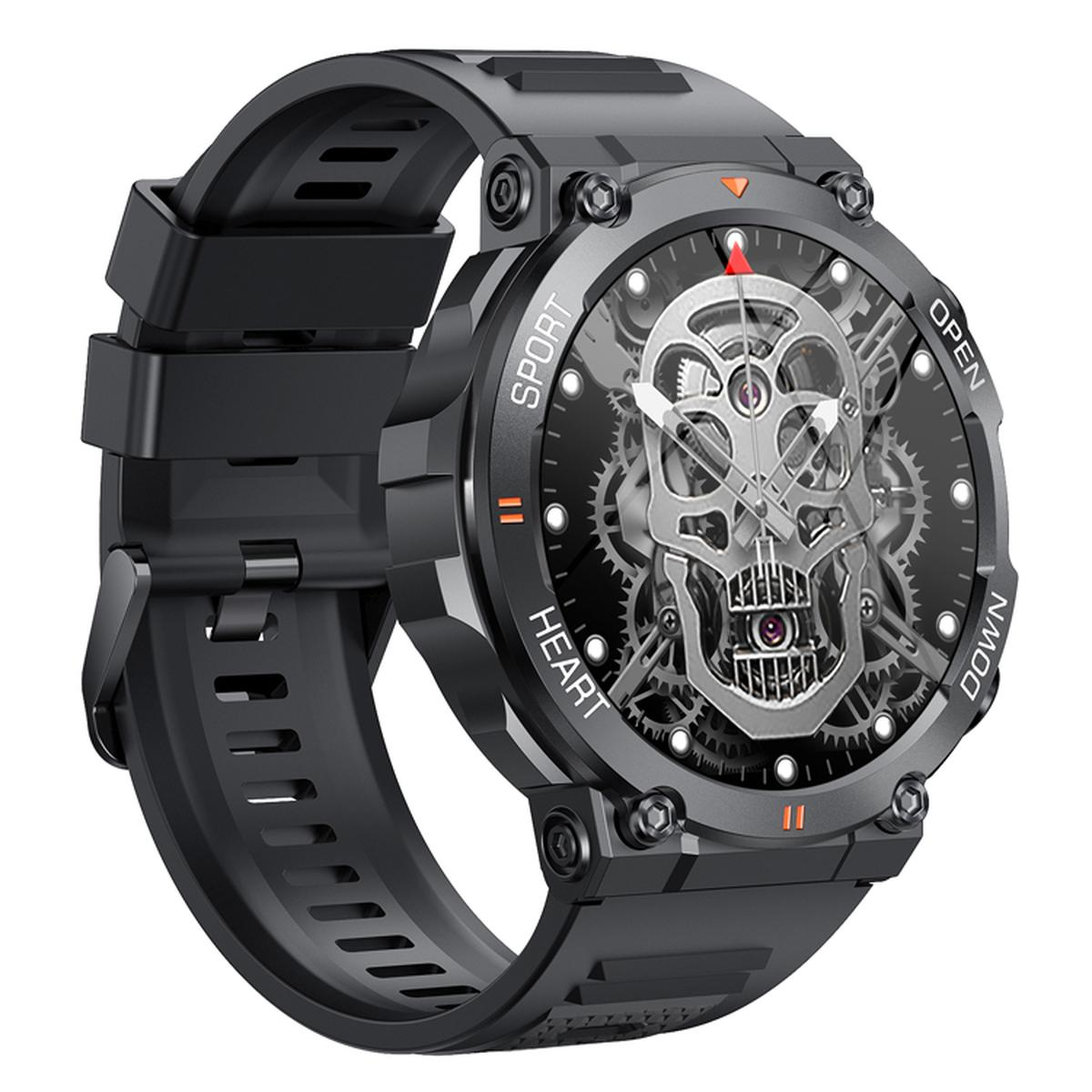 Smartwatch nero con un design a teschio sul quadrante. Ha un cinturino nero e mostra diverse funzioni dell'orologio.