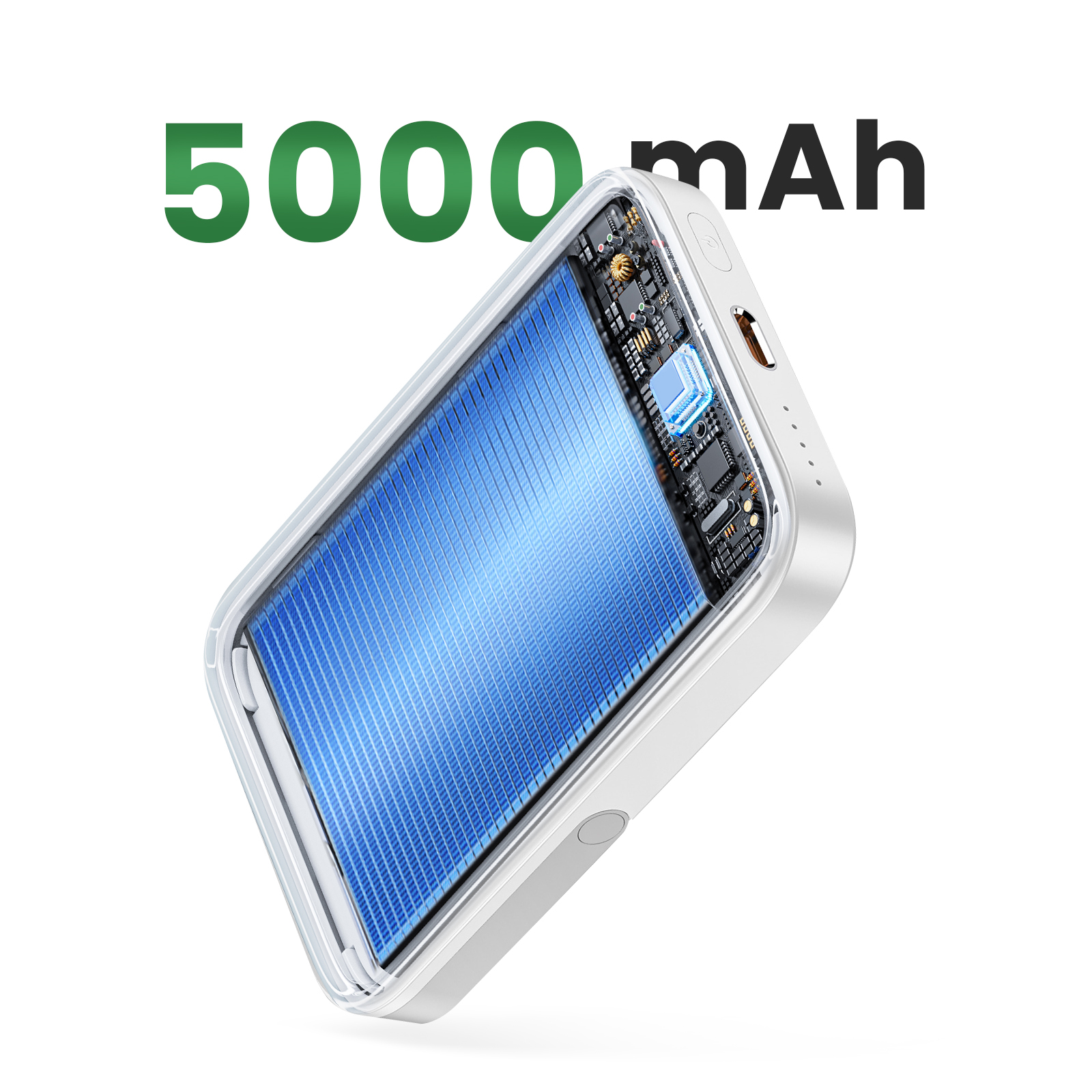 Une banque d'alimentation blanche de 5000mAh, batterie interne bleue et circuits visibles, sur fond blanc.