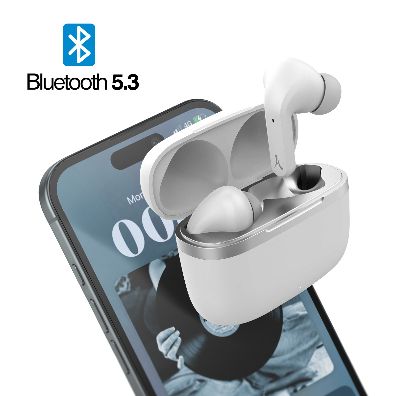 Weiße Ohrhörer in einem Ladecase neben einem Smartphone. Bluetooth 5.3 Logo ist ebenfalls vorhanden.