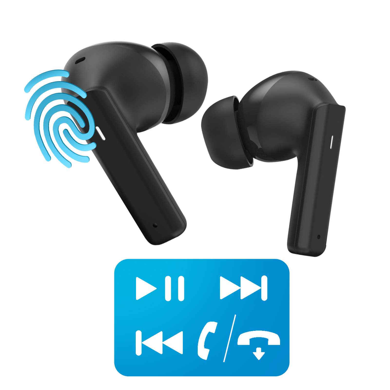 Auricolari wireless neri con icona impronta digitale blu e pannello comandi blu con icone bianche.