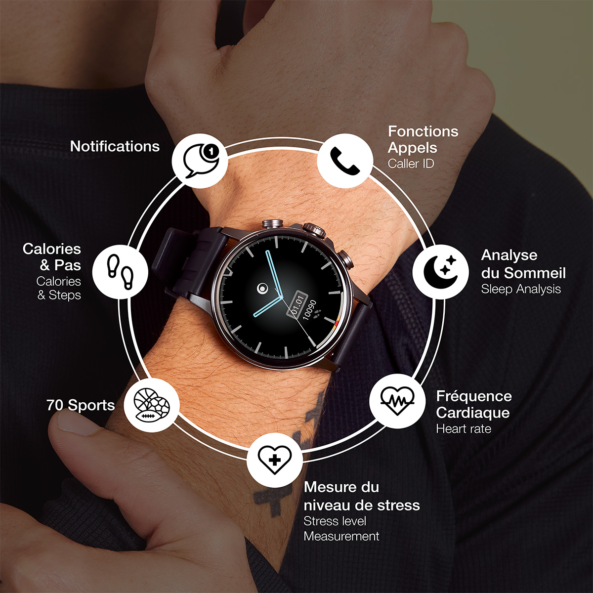 Poignet avec montre connectée affichant l'heure, entouré d'icônes de fonctionnalités comme la fréquence cardiaque et l'analyse du sommeil.