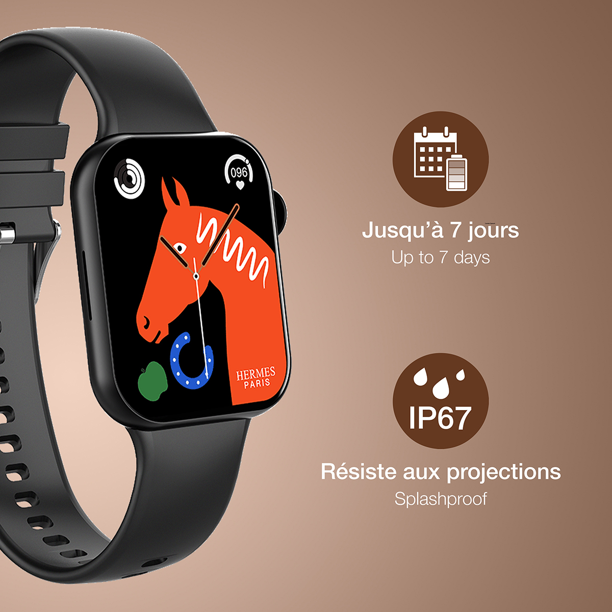 Une montre connectée noire avec un design de cheval orange sur l'écran. Elle a jusqu'à 7 jours d'autonomie et est résistante aux éclaboussures.