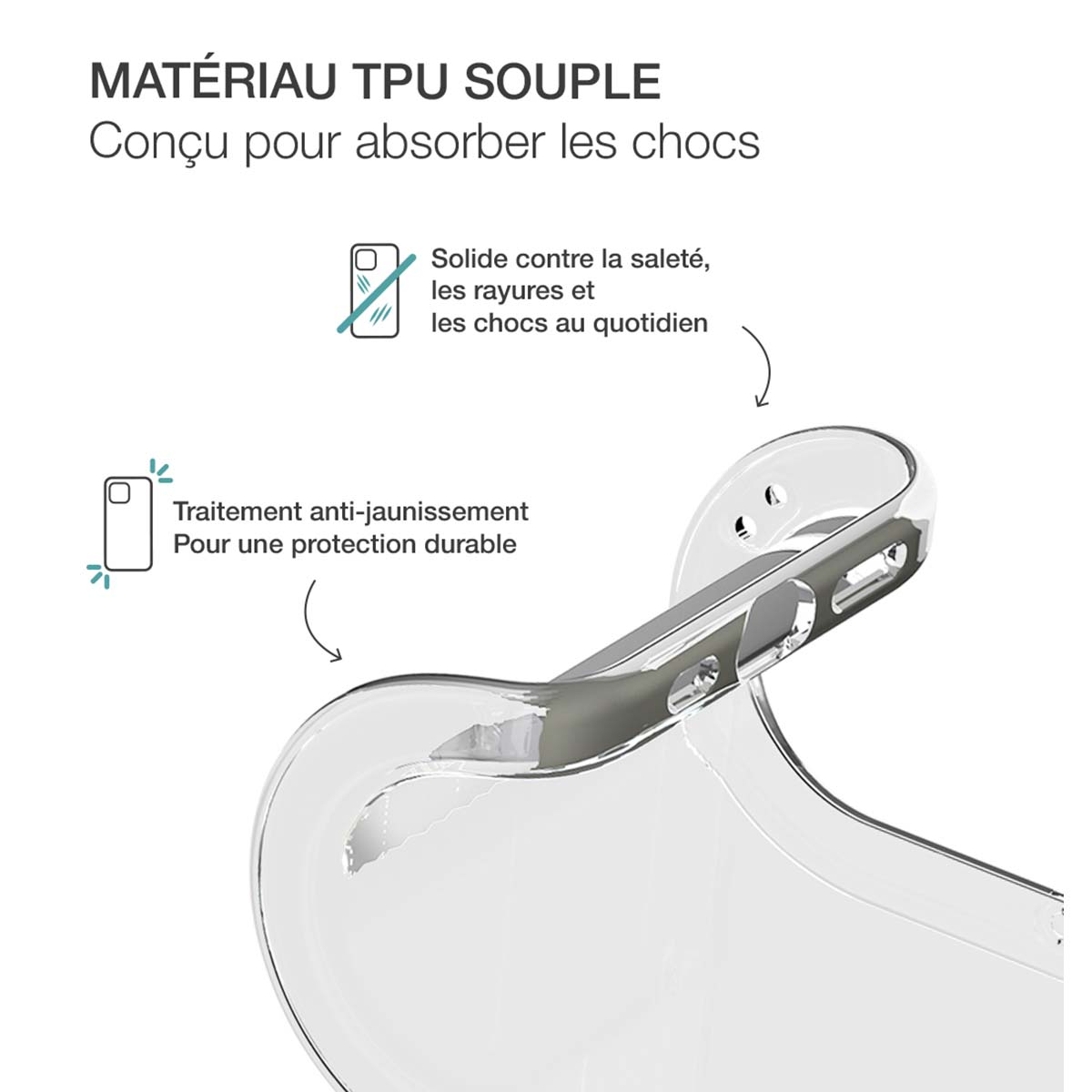 Una funda transparente con texto en francés que describe sus características, como absorción de impactos y tratamiento antiamarilleo.