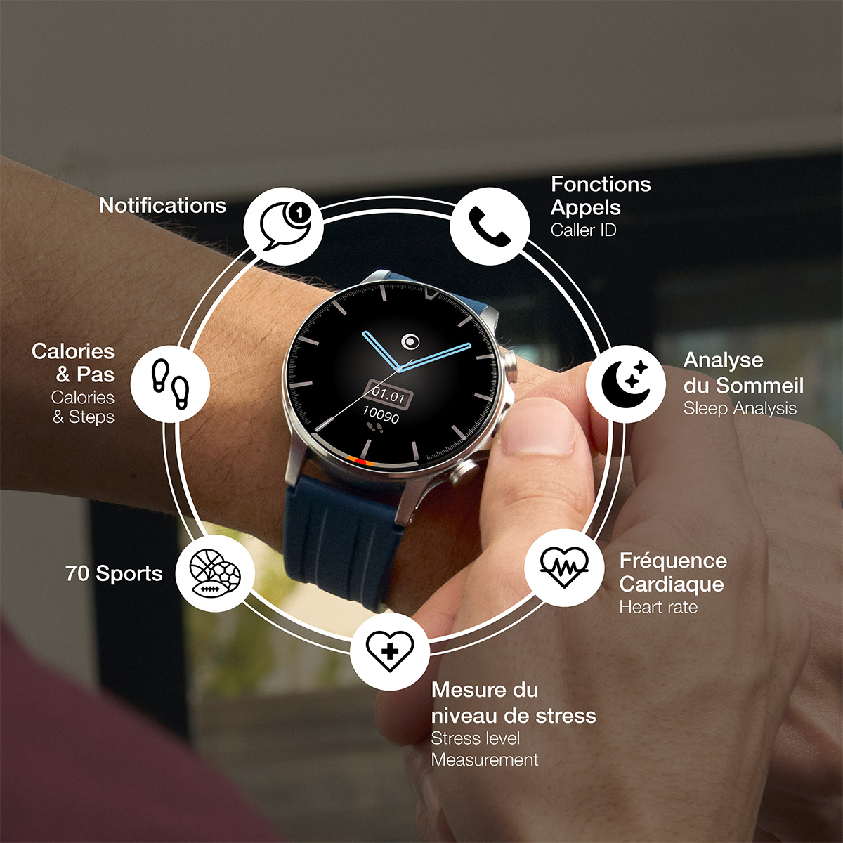 Une montre connectée au poignet affiche l'heure et les données de santé. Des icônes entourent la montre, indiquant diverses fonctions.