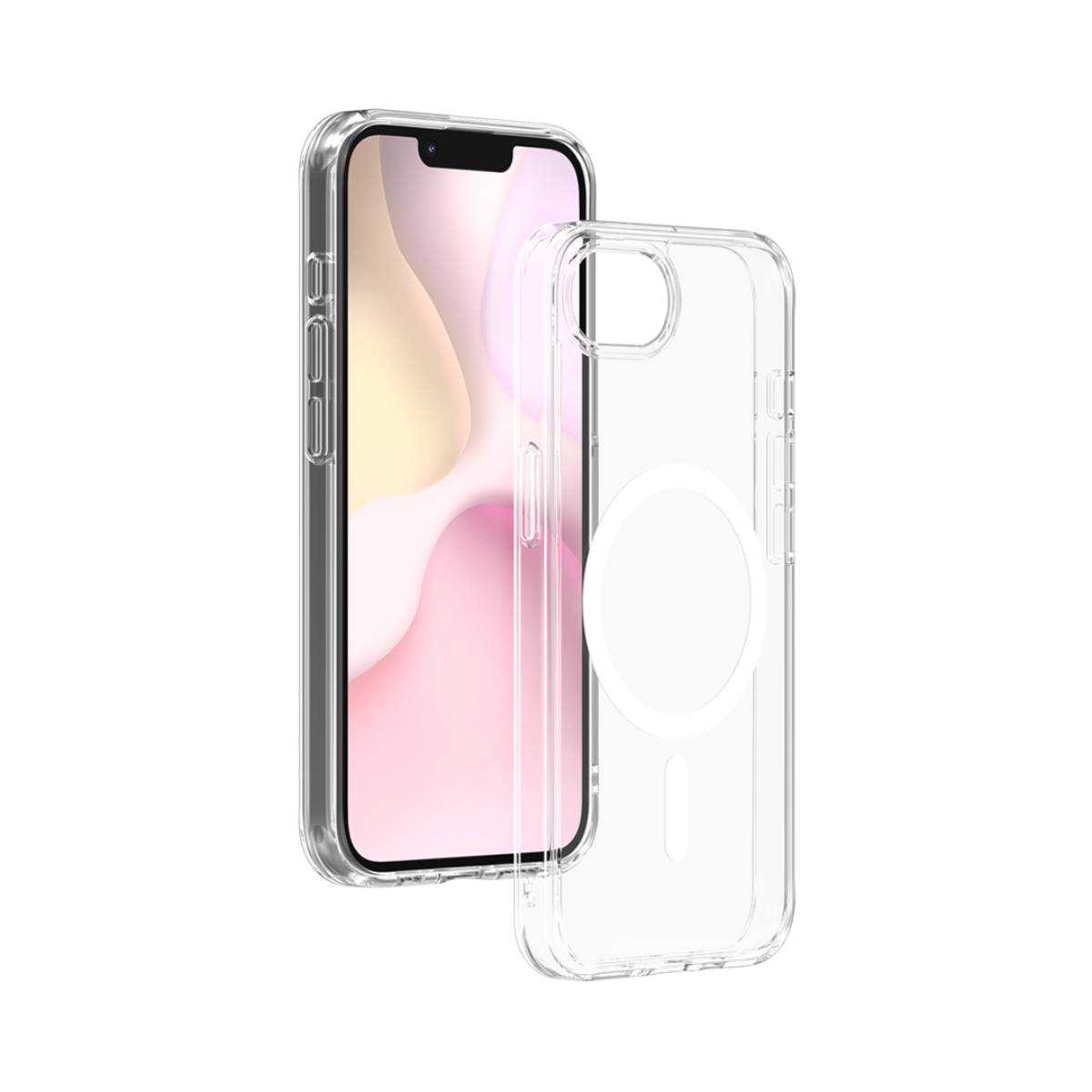Un iPhone trasparente con una custodia trasparente accanto a una custodia protettiva trasparente, su sfondo bianco.