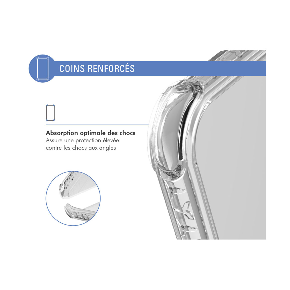 Eine transparente Handyhülle mit verstärkten Ecken. Text sagt 'COINS RENFORCÉS' und 'optimale Stoßabsorption'. Ein kleines Detail ist vergrößert.