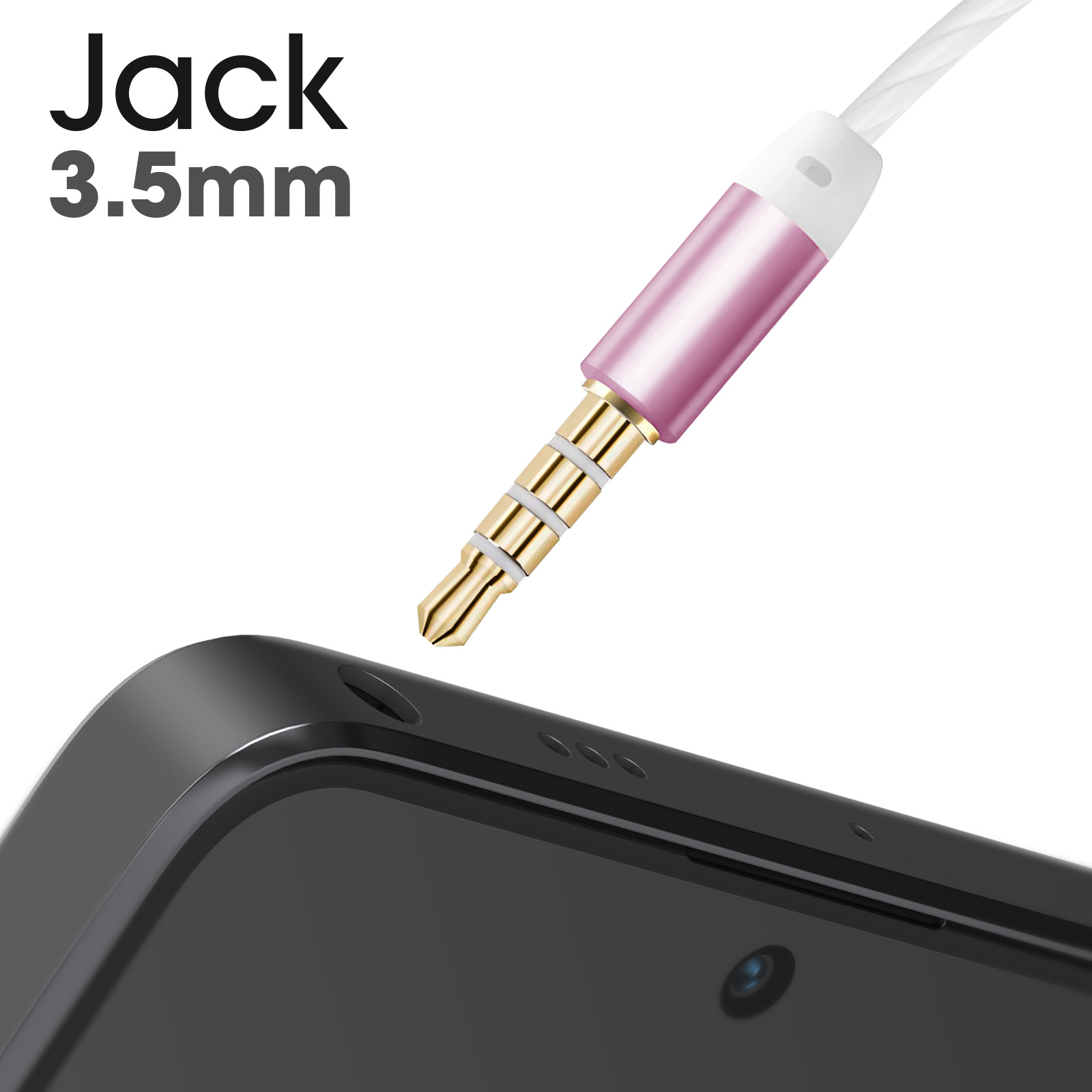 Un jack audio da 3,5 mm e un telefono. Il jack è rosa e oro, il telefono è nero.