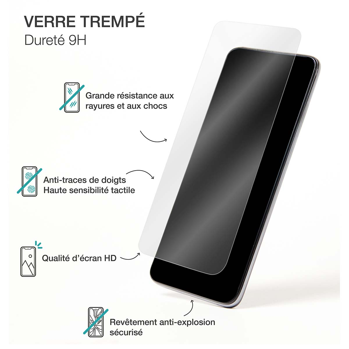 Un telefono con protezione schermo. Il testo descrive caratteristiche: resistenza ai graffi, alle impronte digitali, qualità dello schermo HD e rivestimento anti-esplosione.