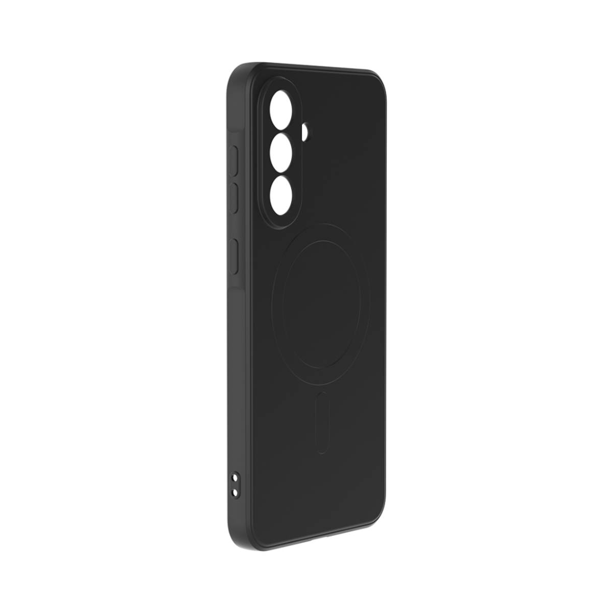 Una custodia nera per telefono con ritagli per la fotocamera e un design circolare sul retro, pulsanti laterali, isolata su sfondo bianco.