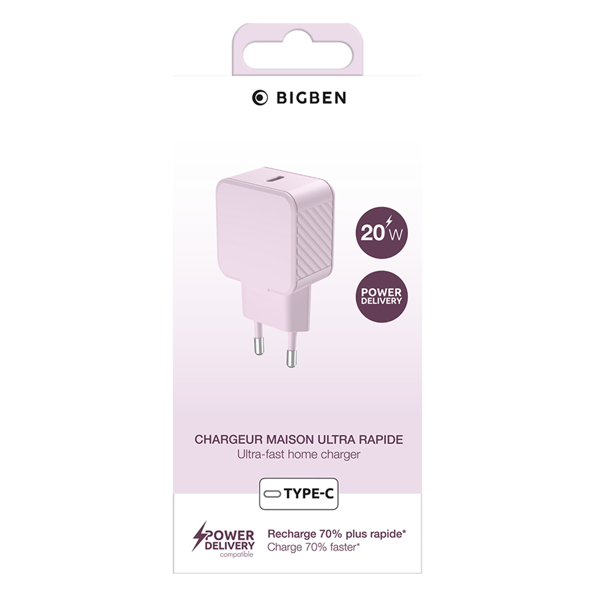 Ein rosafarbenes Bigben-Heimladegerät, 20W, mit Power Delivery. Text: Ultra-schnelles Heimladegerät, Typ-C, 70 % schnelleres Aufladen.