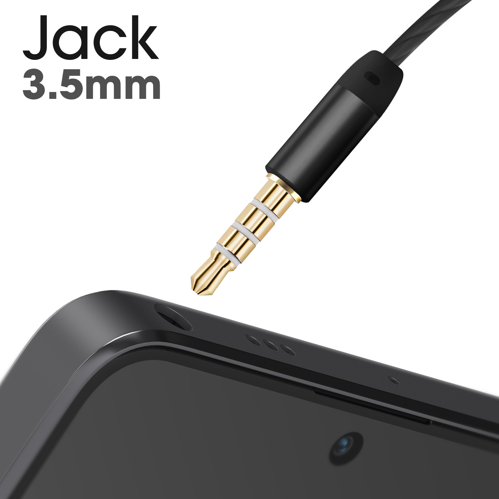 Een 3,5 mm-jack is boven een zwarte telefoon. De jack is goud en zwart. De tekst luidt 'Jack 3,5mm'.