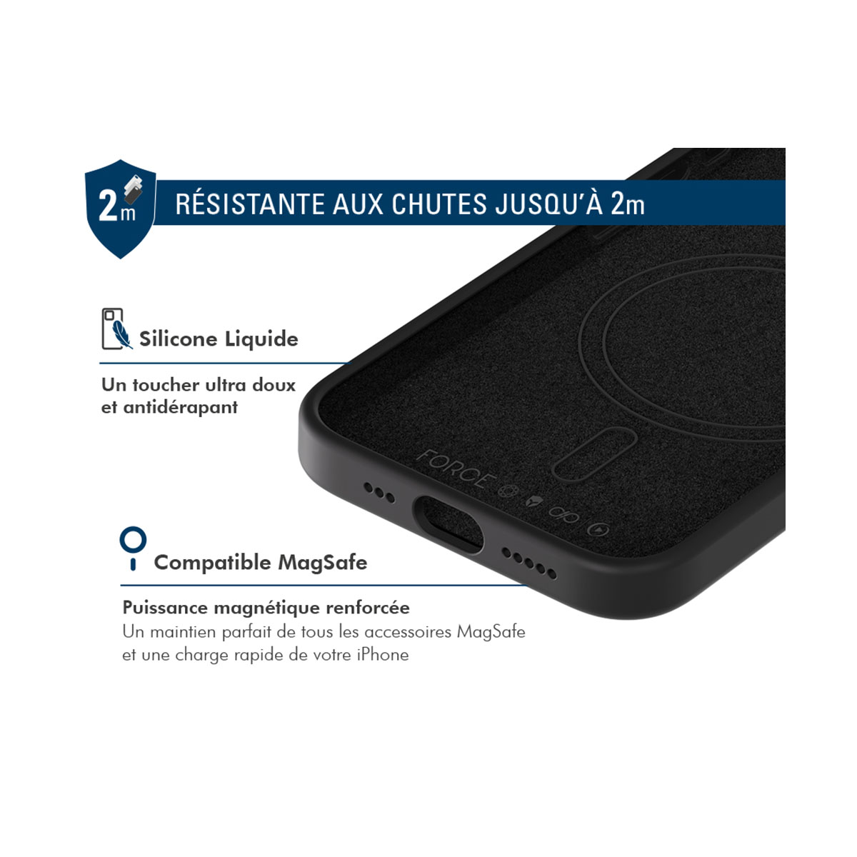 Custodia nera per telefono con compatibilità MagSafe. Il testo indica resistenza alle cadute fino a 2 m e silicone liquido.