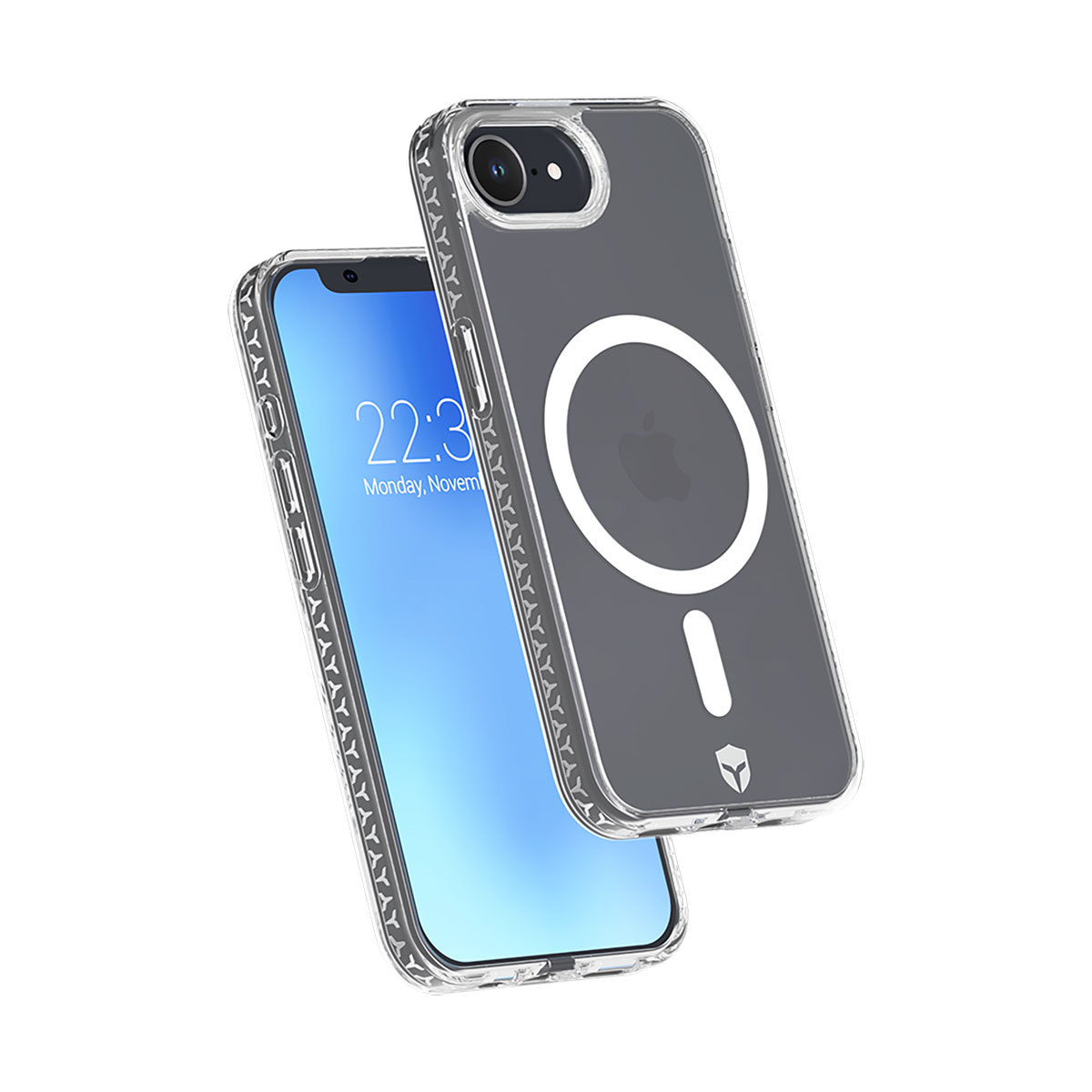 Due smartphone con custodie trasparenti. Uno mostra l'ora, l'altro un cerchio bianco e il logo Apple su sfondo grigio.