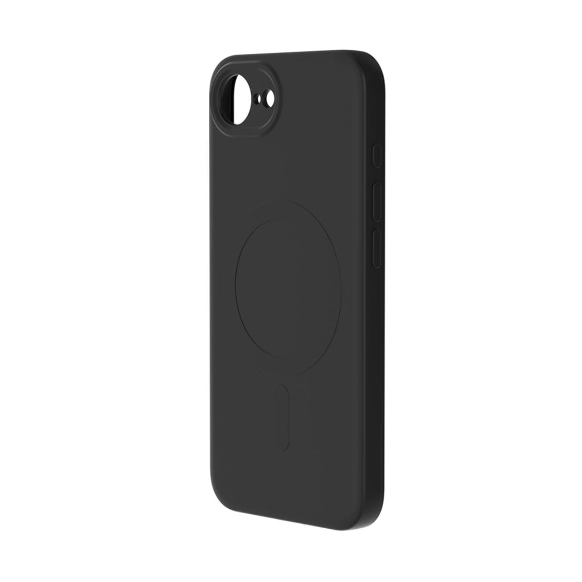 È mostrata una custodia nera per telefono. Ha un ritaglio per la fotocamera e un design circolare sul retro. I pulsanti sono visibili sul lato.