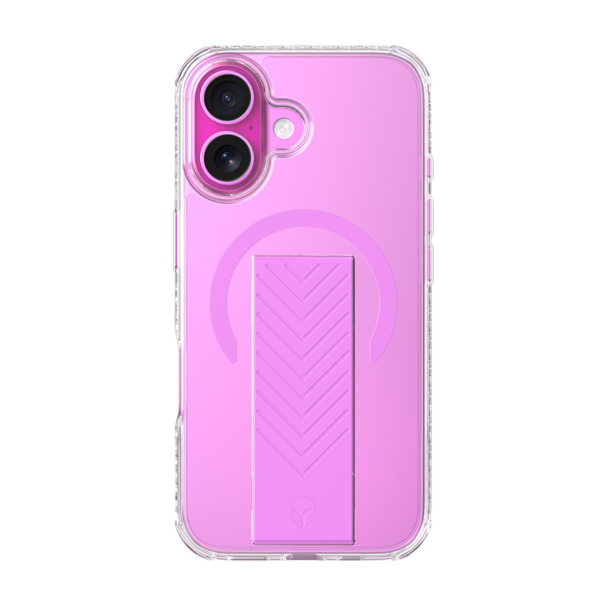 Una custodia rosa per telefono con bordo trasparente. Ha un supporto e spazio per due obiettivi.