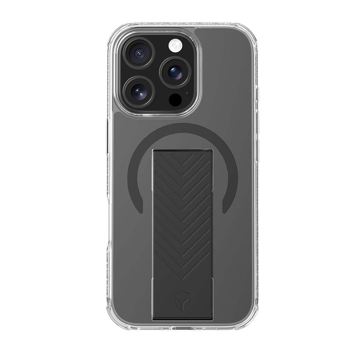 Custodia trasparente per iPhone con supporto nero e lenti della fotocamera. Il supporto ha un design a spina di pesce.