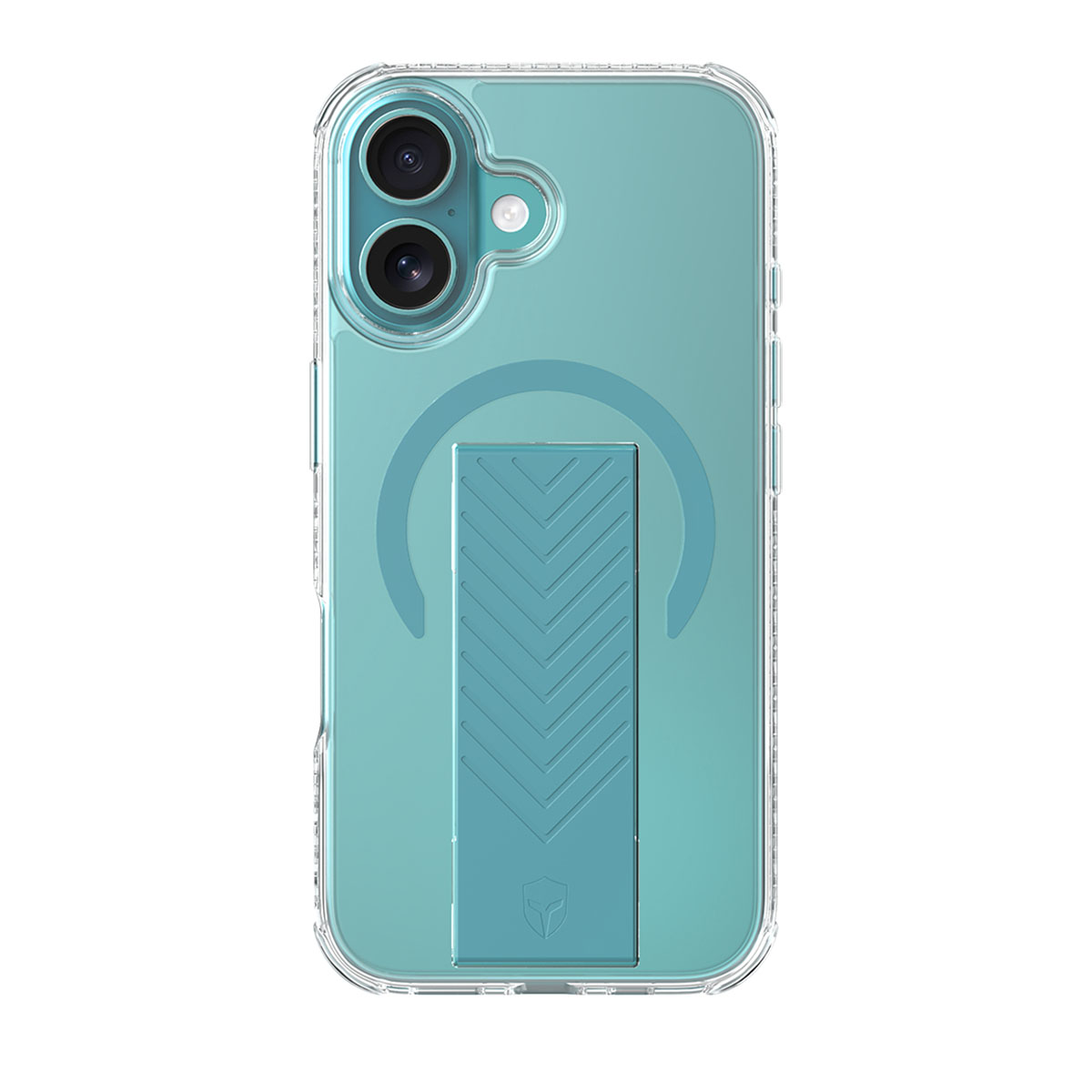 Una custodia trasparente per telefono con retro blu-verde. Ha un supporto e due obiettivi per fotocamera. La custodia è su sfondo bianco.